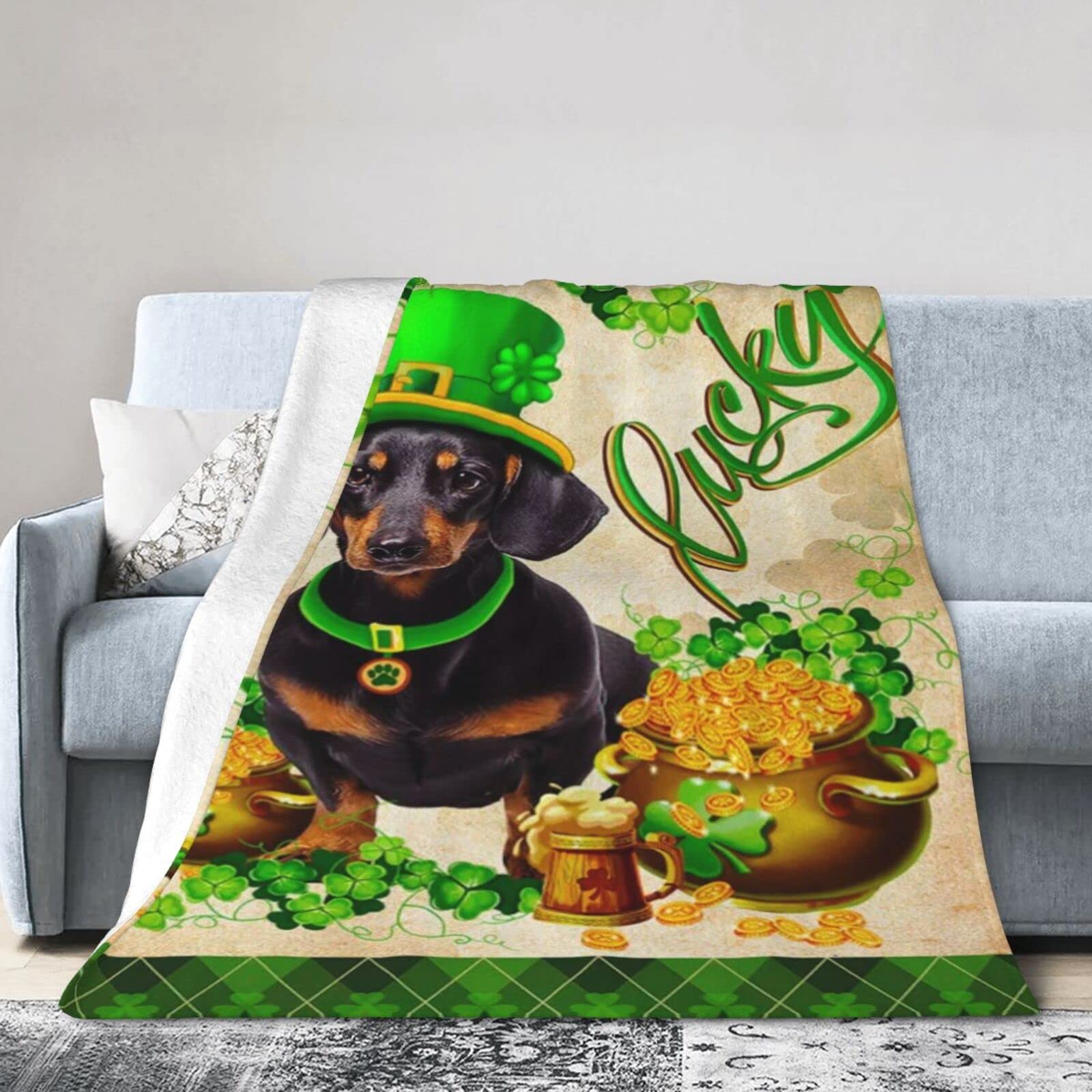 Lsjuee Flannel Fleece Blanket 60"X50" Black Dachshund St. Patrick‘s Day Sofa Throw Blanket Quality Ultra-Soft Travel Spring Blankets for Girls Keep Warm
