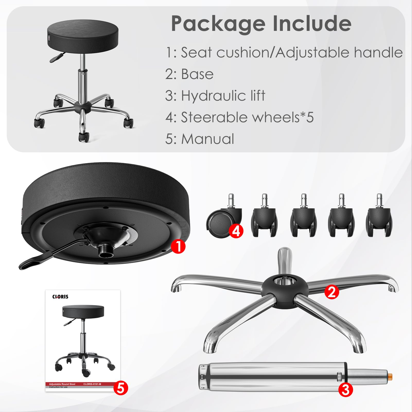 Taburete redondo con ruedas para silla giratoria ajustable de hasta 440 libras, pies de metal con ruedas para spa, masaje, salón, hogar, oficina, médico, tatuaje, bar, negro 7