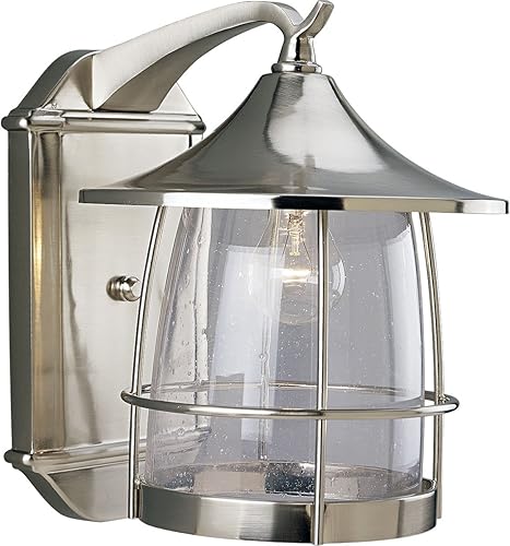 Progress Lighting P5764-09 - Farol de pared de 1 luz con marcos de alambre y vidrio sembrado transparente, níquel cepillado