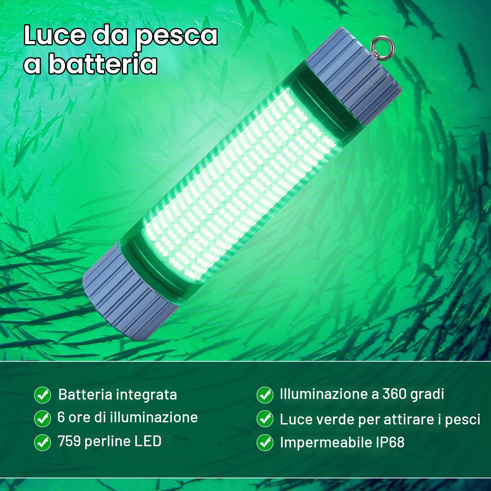 Luce da Pesca Subacquea a Batteria, Luce LED Verde Ricaricabile per Attirare i Pesci, Capacità 9000mAh, Luci da Pesca Sommergibili IP68 Impermeabili per Acqua Dolce e Salata