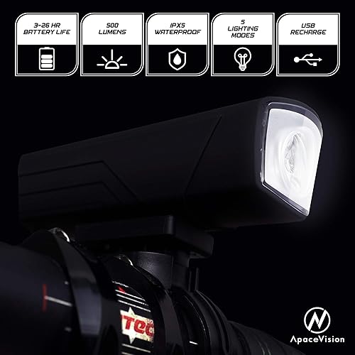 Vista 2 de Apace Vision XPRO-LUME - Luces de bicicleta recargables por USB, potentes 500 lúmenes, luz delantera de bicicleta - Super brillante IPX5 impermeable