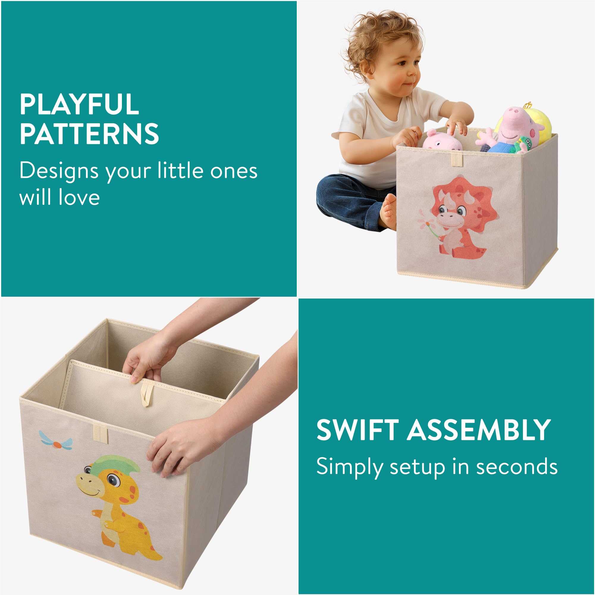 Navaris Aufbewahrungsbox Kinderzimmer - 4er Set - 33 x 33cm Kinder Spielzeug Box Dinosaurier Design - Box Spielzeug Kisten - Baby Ordnungsboxen Aufbewahrungsboxen - Toybox faltbar