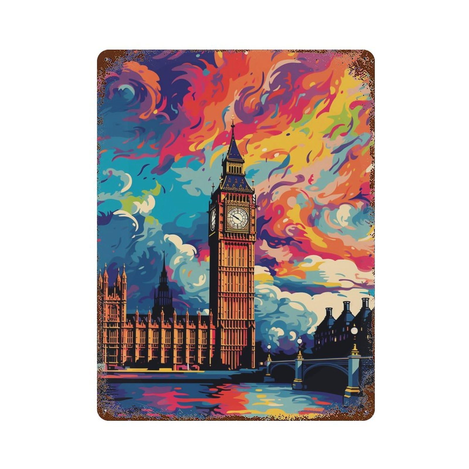 Rust Effect London Skyline with Big Ben -3 Weathered Tin Sign 15.7"x11.8", Farmhouse Wall Decor for Farmhouse, Kitchen And Entryway Decor