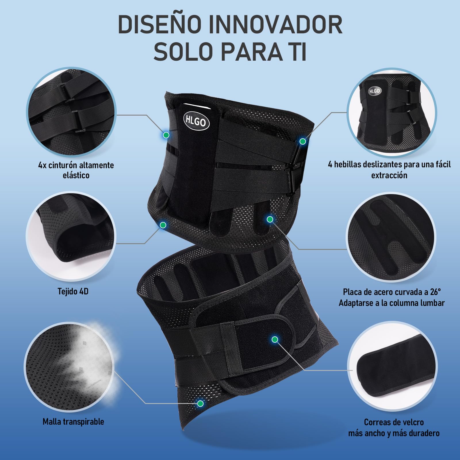 HLGO Faja Lumbar para Hombre y Mujer con Fuertes Soportes de Metal, Cinturón Lumbar con Cojín3D, para Aliviar el Dolor Lumbar, Ajustable, Cómodo, Malla Transpirable (134,5-152,5 cm)