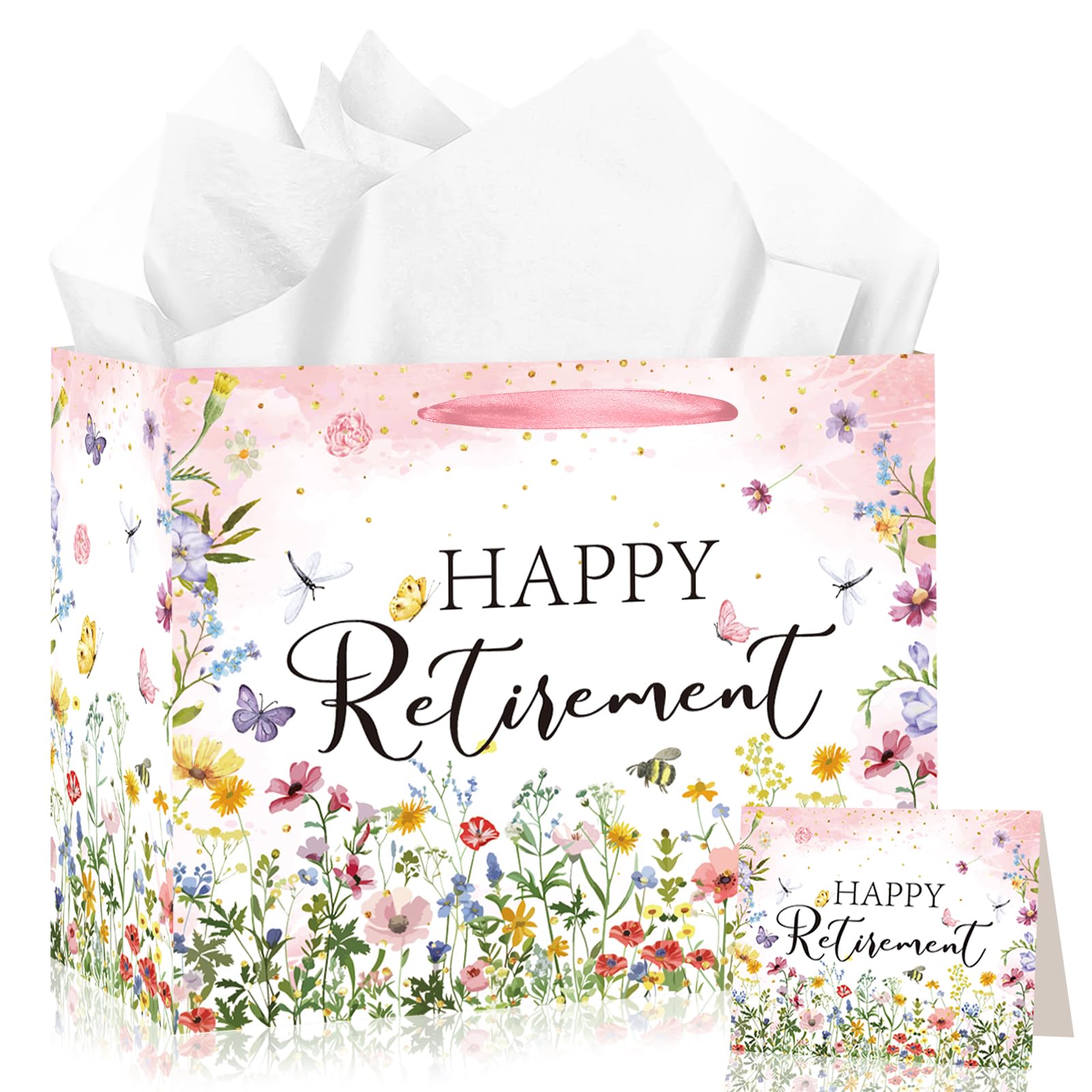 Wildflower Retirement Gift Bag for Women, Retired Gift Bag with Tissue Paper and Card Happy Retirement Gift Wrapping Paper Retired Gifts for Women