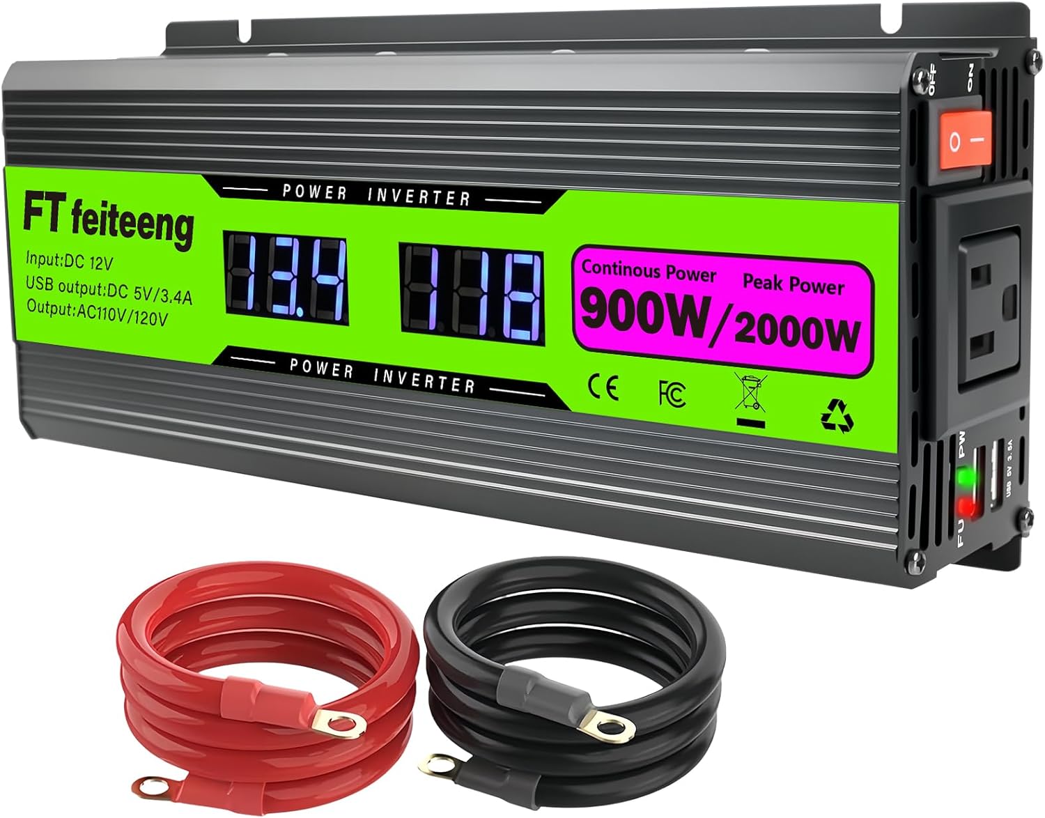 2000W(Peak) Power Inverter DC 12V to 110V/120V AC Converter with Single Cooling Fan, Aluminum Alloy Case, USB 5V 3.4A Multi-Protection 900 watt Power Inverter for Vehicles/Car/RV/Home