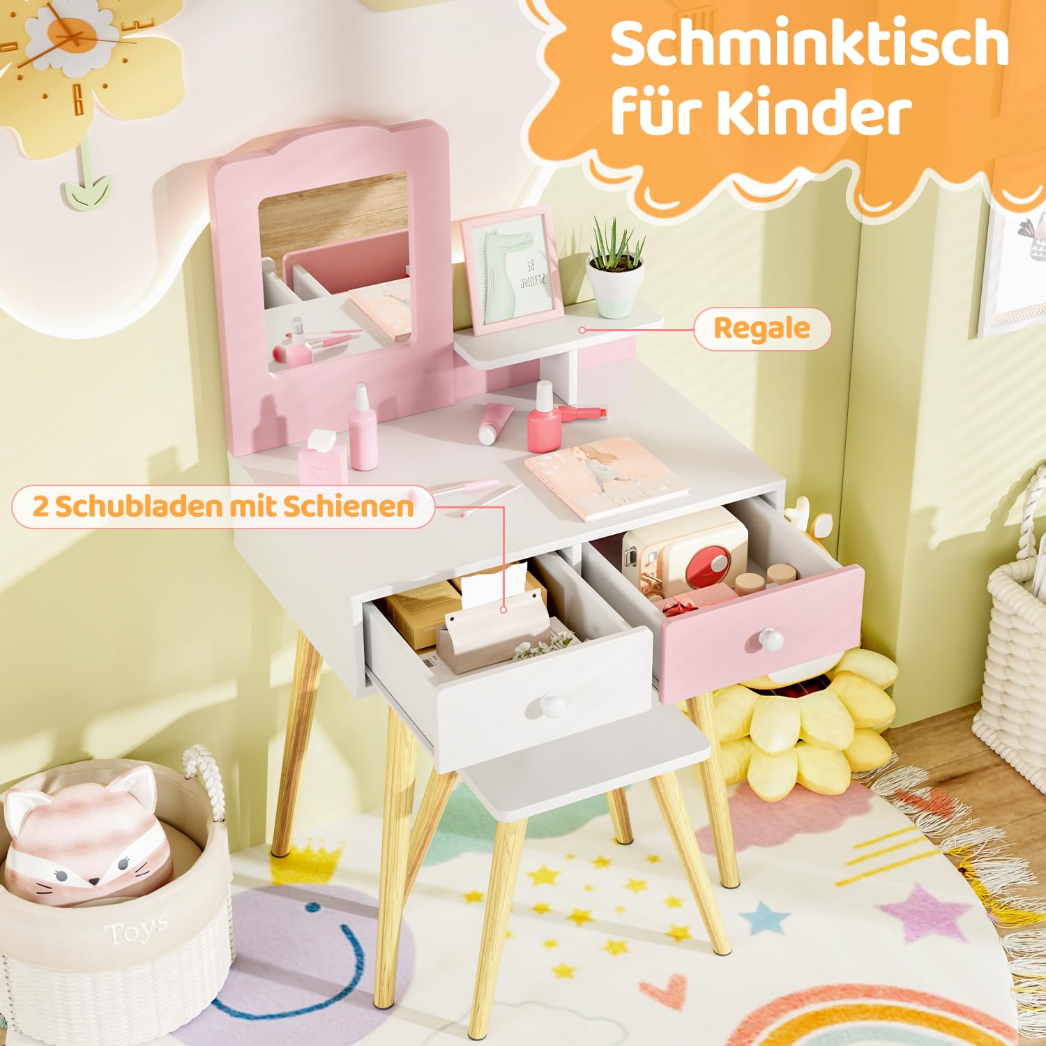MAMIZO Schminktisch Kinder Set, Kinderschminktisch Holz mit Abnehmbarem Spiegel und 2 Schubladen, Schreibtisch mit Hocker, Prinzessin Frisiertisch ab 3 Jahre, 60x40x108 cm, Rosa