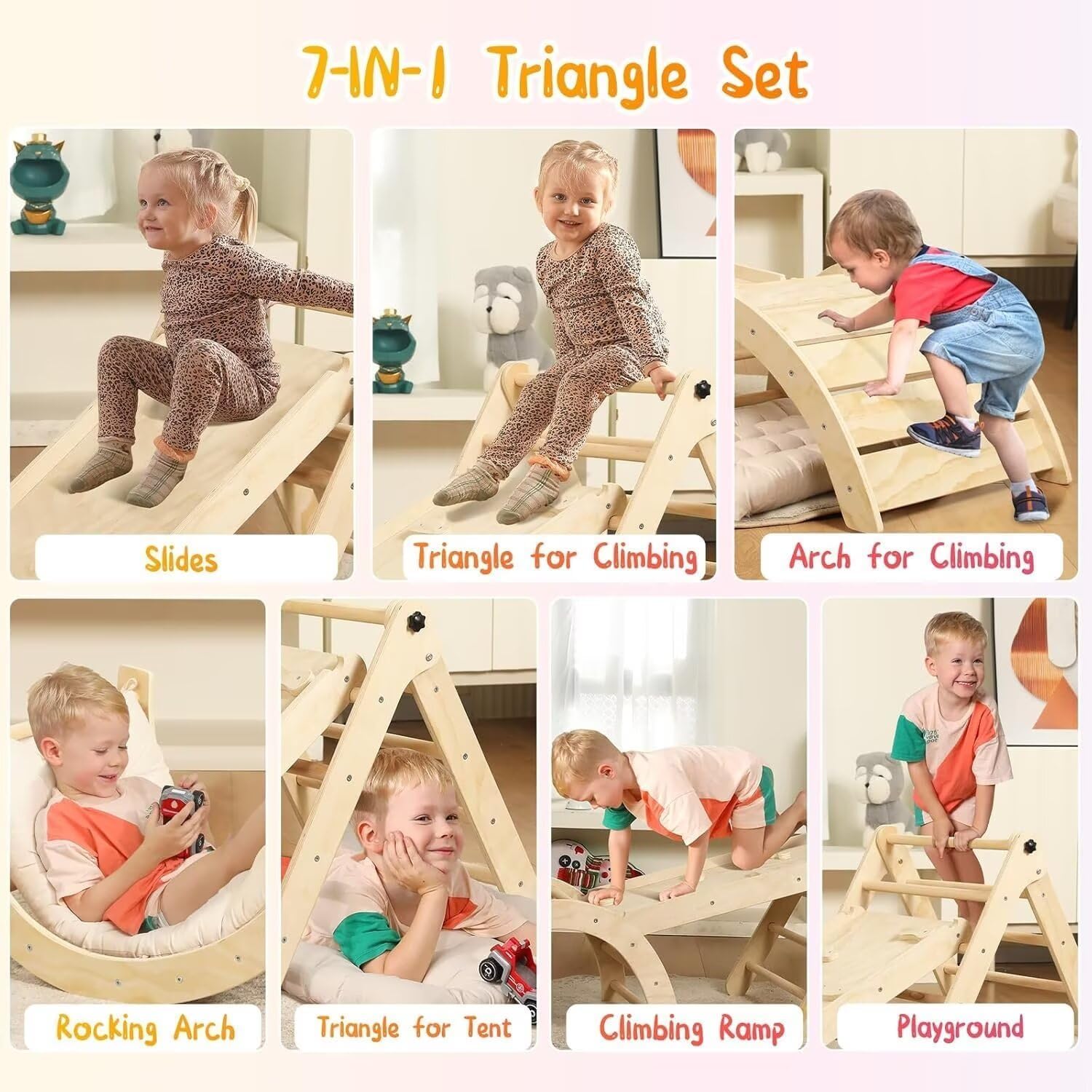 Pikler Triangle Set with Cushion, 7 in 1 Toddler Climbing Toys Indoor, Montessori Foldable Climbing Set, Wooden Climbing Toys for Toddlers Inside with Ramp, Arch and Ladder (Nature Wood)