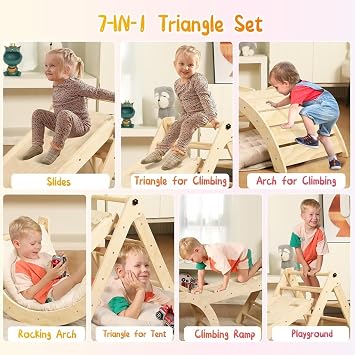 Climbing Frame with Soft Cushion, 7 in 1 Foldable Indoor Climbing Frame, Montessori Baby Toddler Climbing Toys Indoor, Climber Indoor Set with Arch, Ramp, Ladder (Natural Wood)