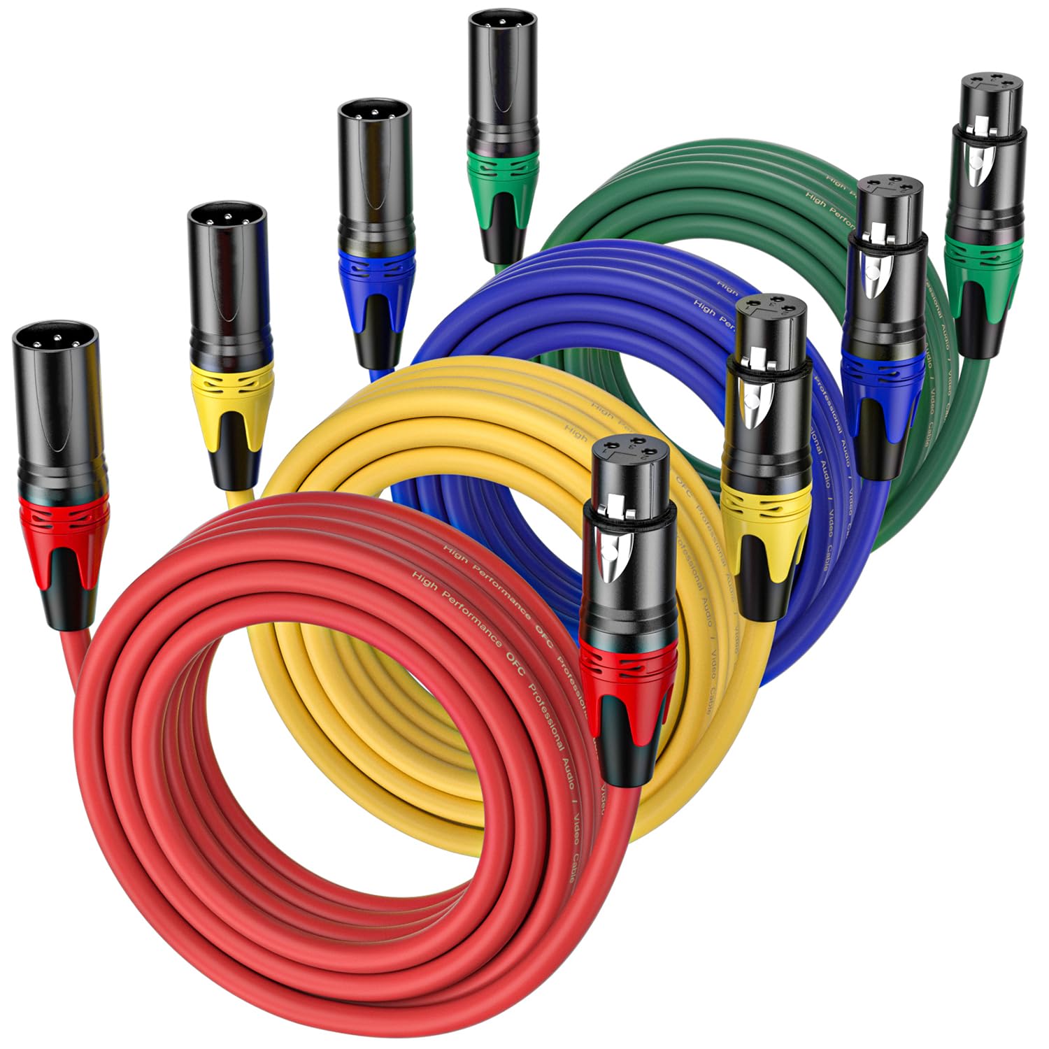 Paquete de 4 cables XLR de 25 pies, cable de micrófono equilibrado de alta calidad con cable XLR macho a hembra de 3 pines, 4 colores (rojo, amarillo, verde, azul), cobre puro y conductores