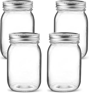 Regular Mouth Mason Jars 16 oz. (4 Pack) - Pint Size Jars with Ball Airtight lids and Bands - Clear Glass Jars For Food Storage, Canning, Fermenting, Pickling, Overnight Oats, Salad, DIY Projects