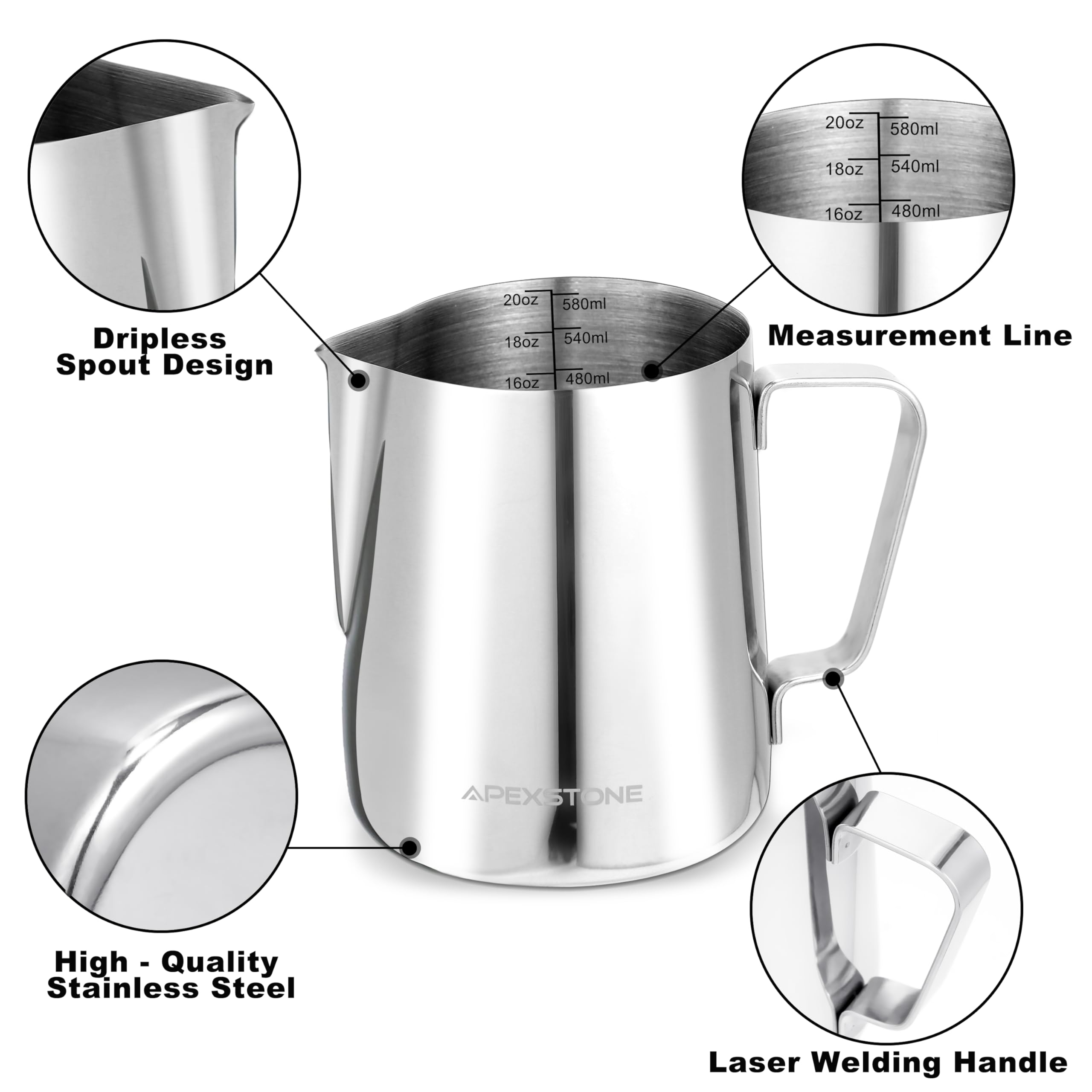 Jarra de Espuma de Leche Expreso de 20 Onzas/600 ml, Jarra de Vapor de Café, Taza de Espuma de Leche, Bolígrafo Artístico No Incluido