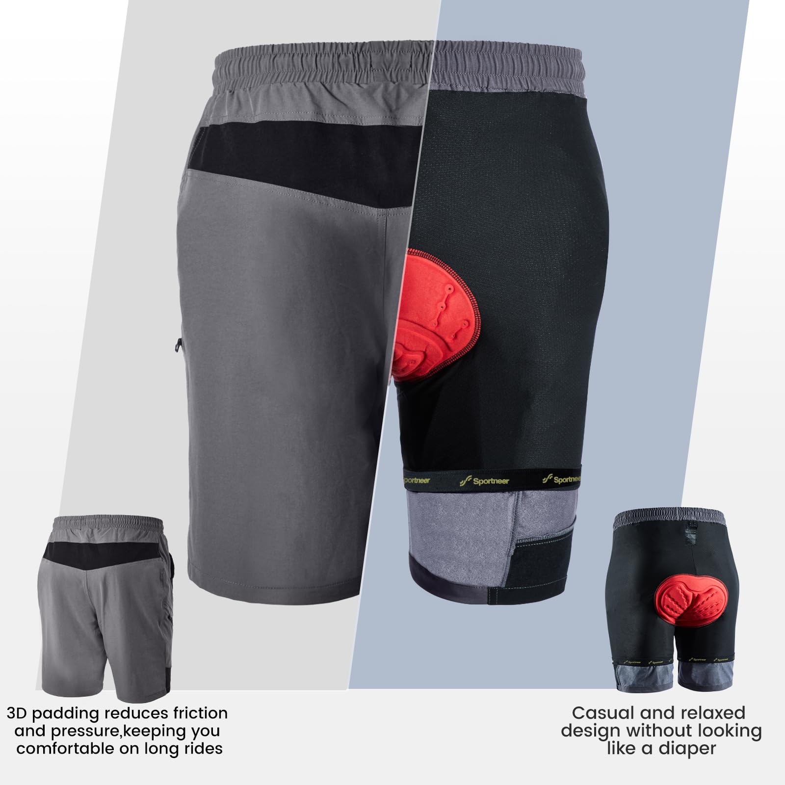 Sportneer Pantaloncini da MTB, Pantaloncini da Ciclismo da Uomo Imbottiti in 3D Pantaloni Traspiranti per Biciclette MTB Pantaloncini da Ciclismo per Esterno