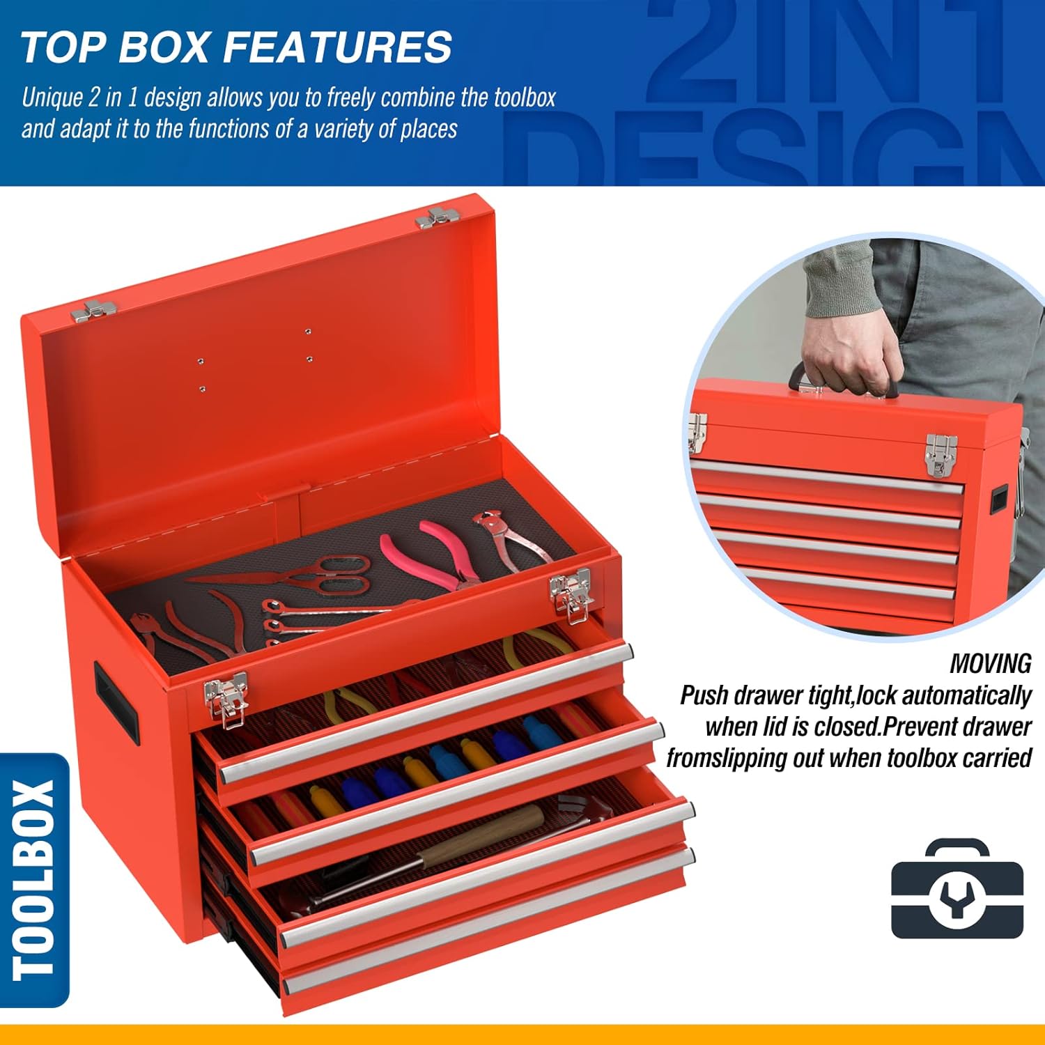 5-Drawer Rolling Tool Chest, Removable Tool Box with Wheels and Drawers, Tool Storage with Tray and Cabinet Organizer for Garage, Workshop, and Warehouse (Red)
