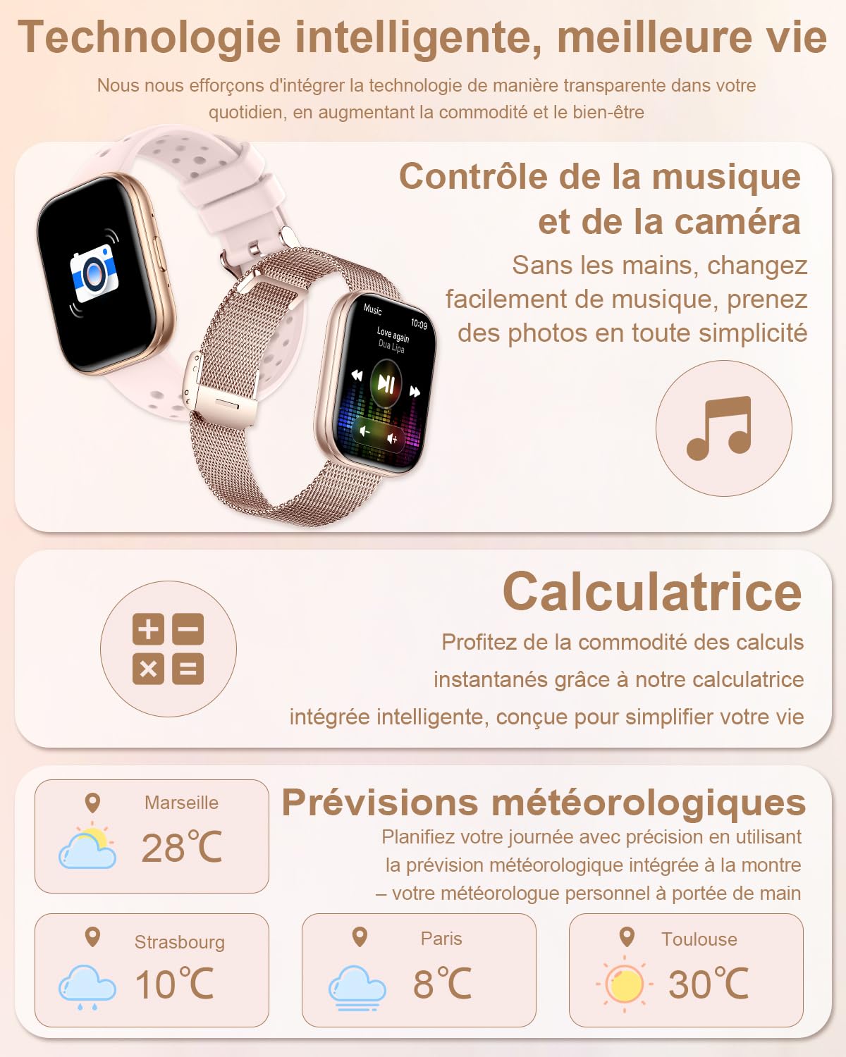 Montre Connectée Femme avec 4 Bracelets Appel Bluetooth 1.75" Smartwatch Femme pour iPhone Android Fonction Féminine Podomètre Fréquence Cardiaque Sommeil SpO2 100+ Sport Montre Intelligente, Or rose