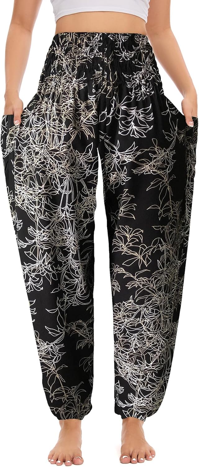 Women's Boho Harem Pants with Pockets, Smocked High Waist Hippie Flowy Trousers, Comfy Bohemian Clothes for Yoga - Image 2