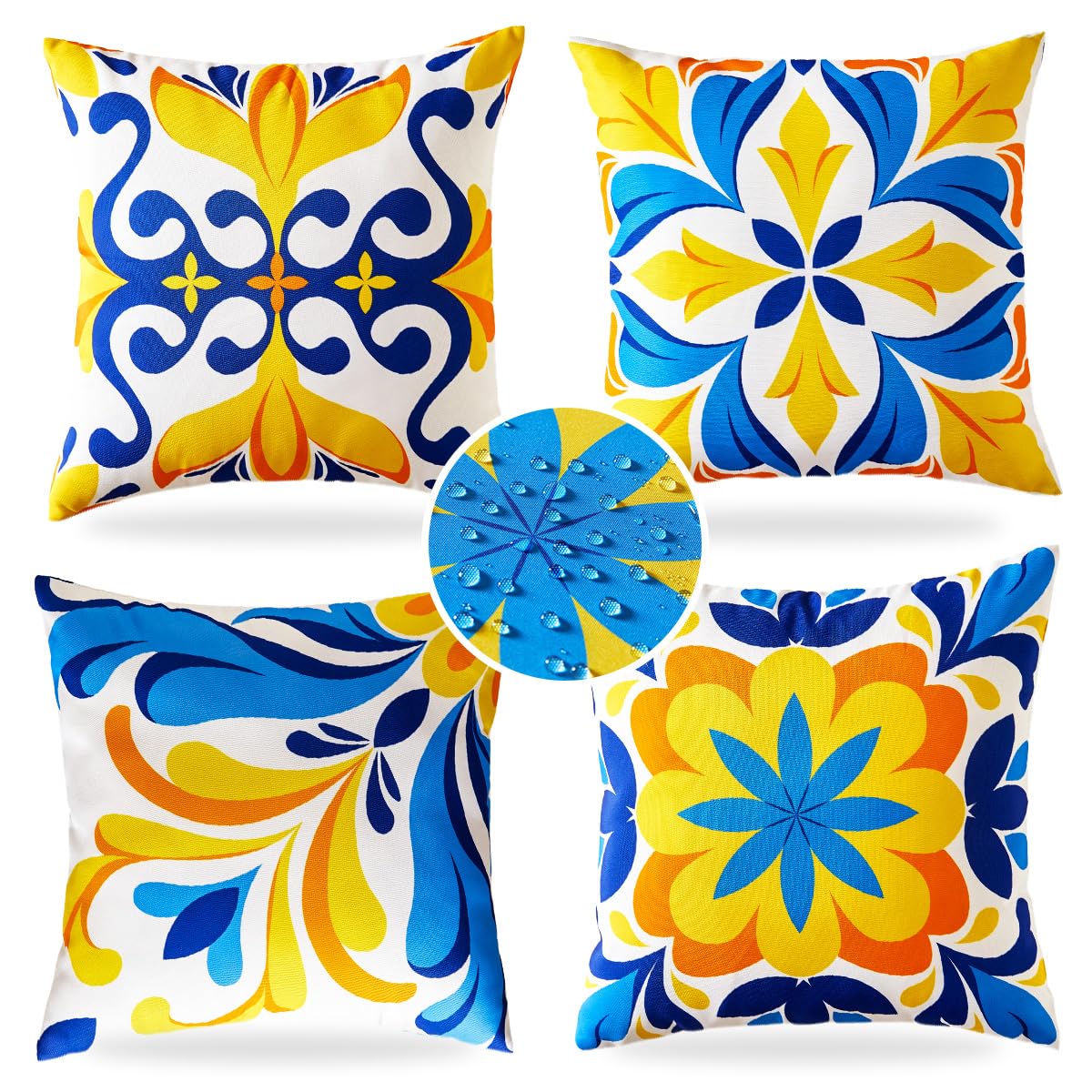 Blue and Orange Outdoor Floral Pillow Covers 18x18 Set of 4 Waterproof Mediterranean Decor Accent Porch Throw Pillows
