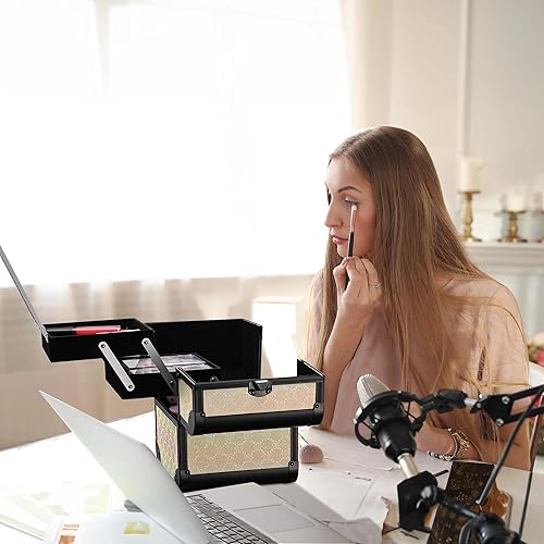 Miniatura 4 de BYOOTIQUE Estuche de maquillaje con espejo, pequeña bolsa de cosméticos para viajes, bandejas de 2 niveles, organizador de joyas, caja de