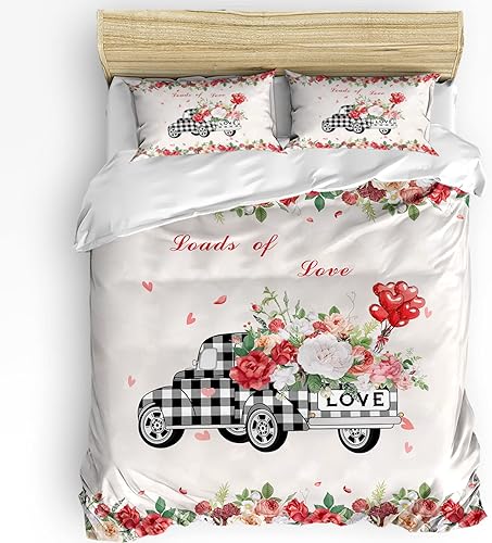 Juego de funda de edredón tamaño King de 3 piezas de San Valentín diseño de camión a cuadros color negro romántico con cierre de cremallera lazos en