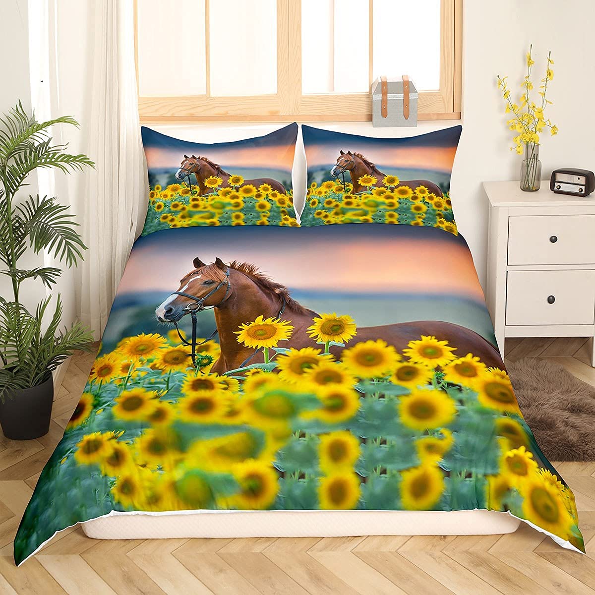 Loussiesd Brown Horse Duvet Cover Set Double Sunflower Bedding Set Animals Comforter Cover with 2 Pillowcases Microfiber 3D Print Wild Animal Quilt Cover Zipper 3 Pcs Gorgeous Luxury Chic