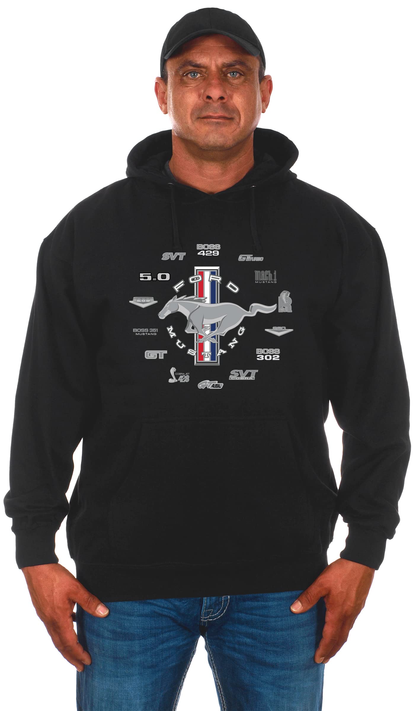 JH DESIGN GROUP Men's Ford Mustang Collage Pullover Hoodie Black Sweatshirt, Black, L
