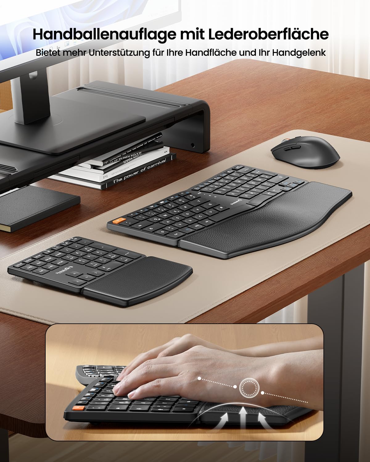 ProtoArc Ergonomische Tastatur Maus Set, EKM04 2,4 GHz Kabellos Ergo Tastatur Maus, Separater Ziffernblock, Geteiltes Design, Handballenauflage, Tastatur Split für Desktop, PC, Laptop, Windows