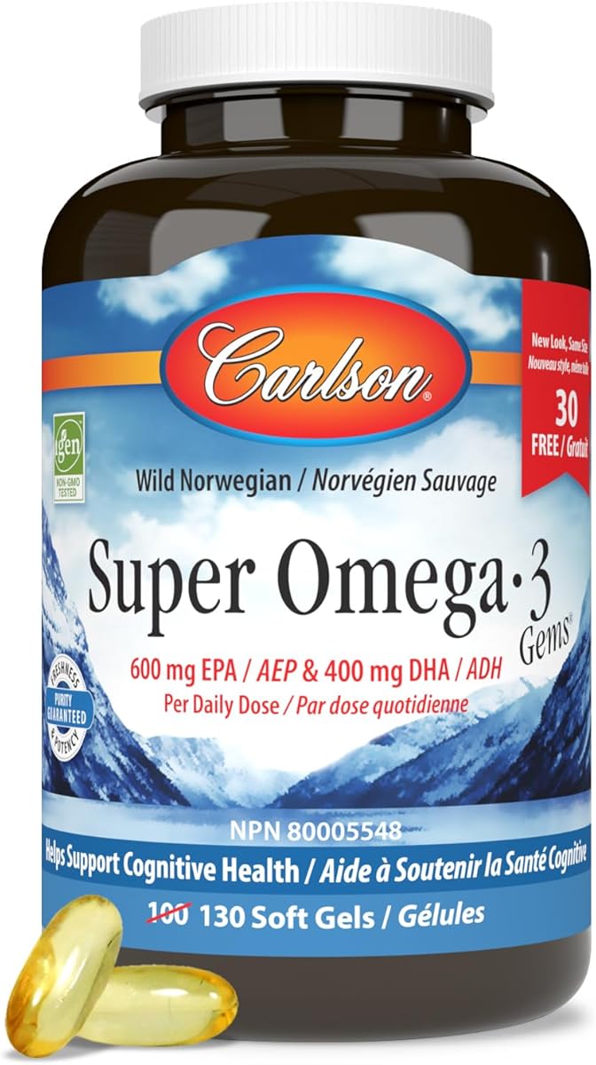 Carlson - Super Omega-3 Gems, 1200 mg Omega-3 Fatty Acids with EPA and DHA, Wild-Caught Norwegian Fish Oil Supplement, Sustainably Sourced Fish Oil Capsules, Omega 3 Supplements, 100+30 Softgels