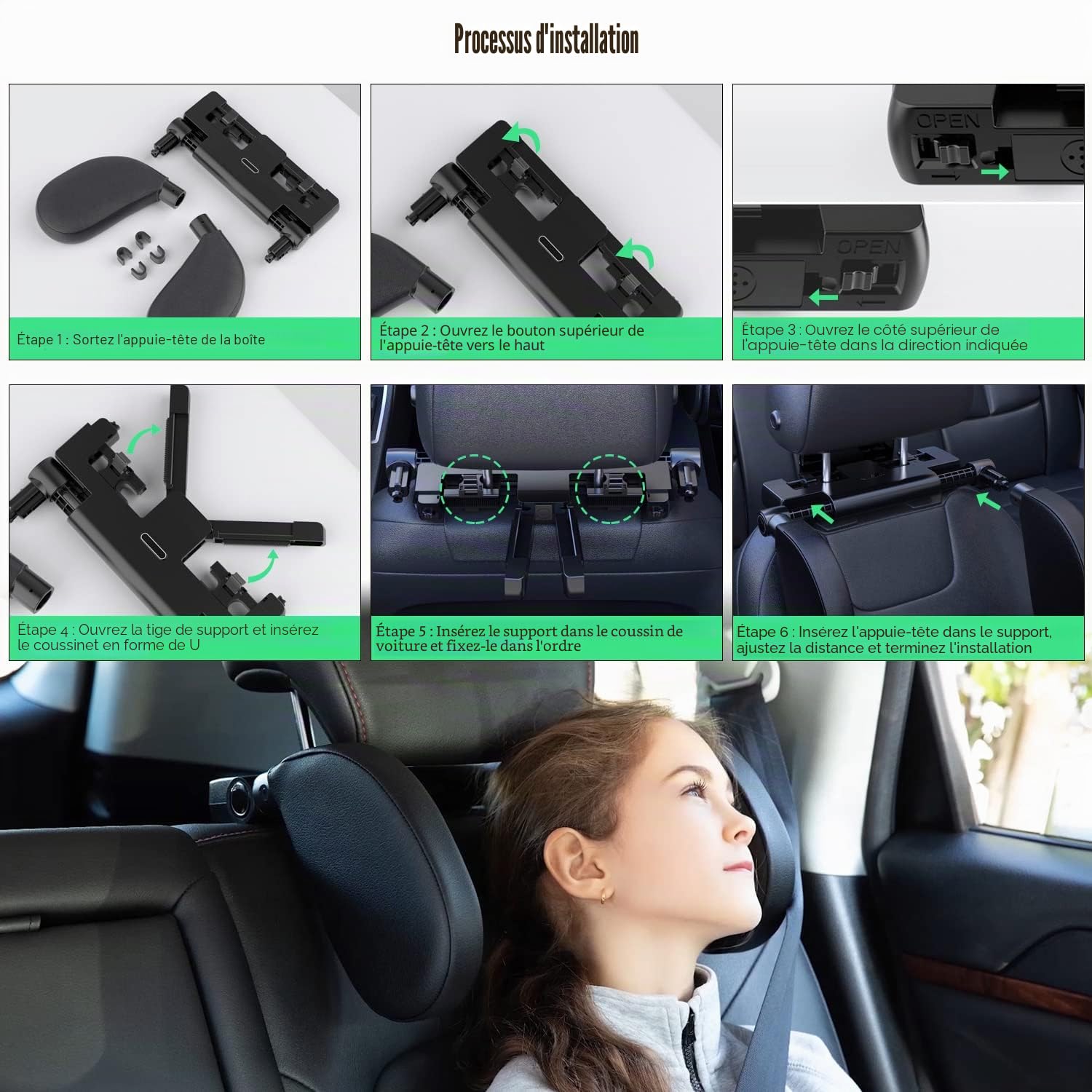 Repose Tete Voiture, Rétractable et Détachable Coussin de Siège de Voiture, Support de Tête Réglable pour Siège de Voiture avec Mousse à Mémoire de Forme, pour Enfants et Adultes(Noir)