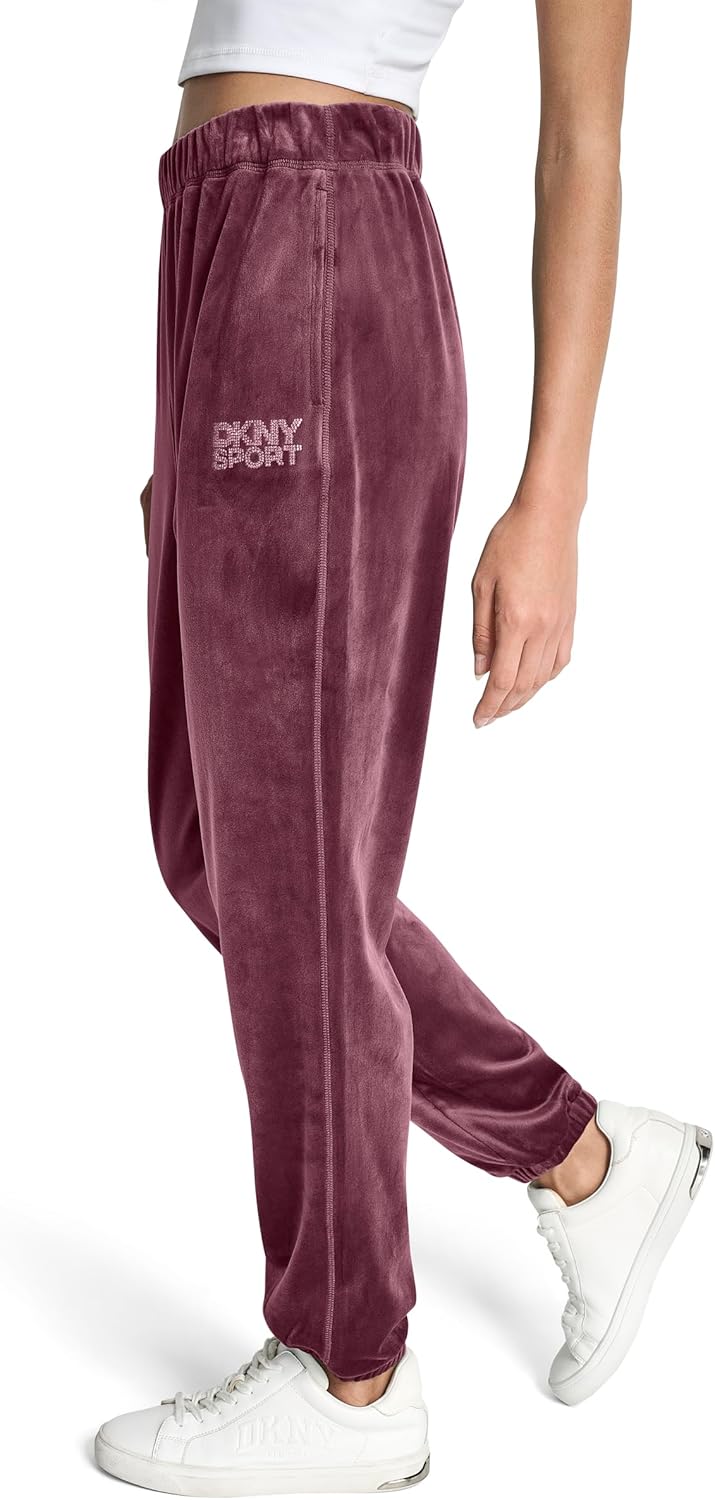 DKNY Women's High Rise Relaxed Cuff Rhinestone Logo Novelty Velour Sweatpant