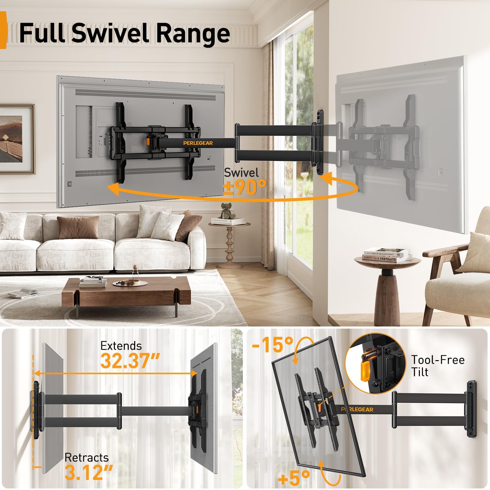 Perlegear Staffa di montaggio a parete angolare per TV a braccio lungo, per TV da 32"-75", VESA max 600 x 400 mm, supporta 45,4 kg