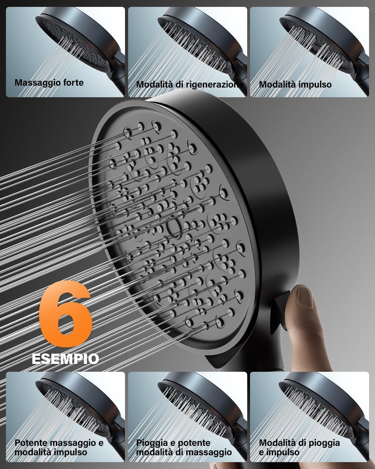 Cobbe Soffione Doccia con Filtro Anticalcare, Doccino per Doccia con Turbo 1,5M, Soffione Doccia Alta Pressione con 6 Tipi di Getto, Grande Potente Soffione con Filtrazione a 20 Strati (Nero)