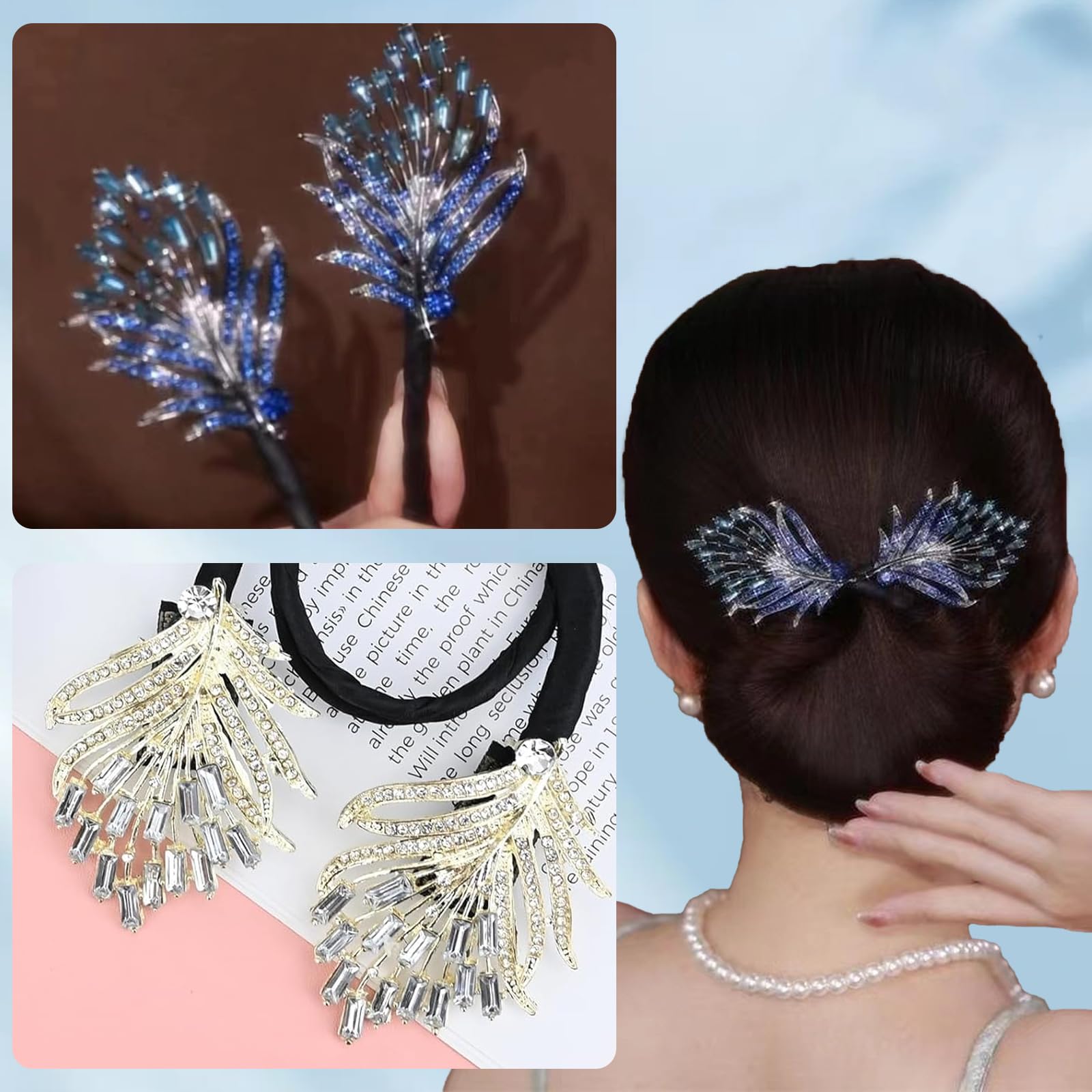 2 Accessori per capelli blu e oro per donne e ragazze,Creatore di Chignon con Strass per Chignon,Creatore Francesi Torsione del Chignon Capelli,Fermaglio per capelli con fiore con strass