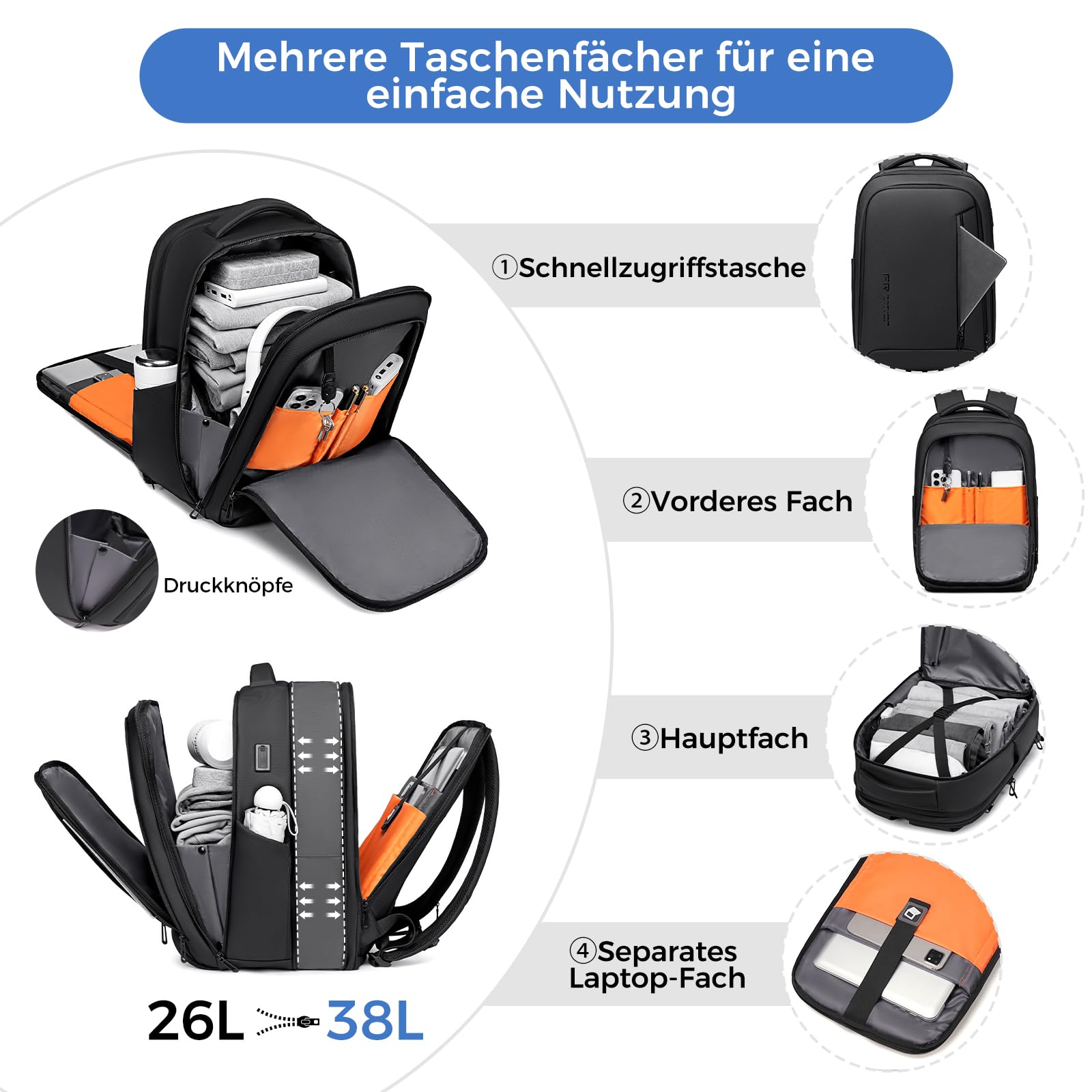 Fenree.geer Business Rucksack Herren, USB-Anschluss – Arbeitsrucksack-Travelite Rucksack Erweiterbar 26L-38L für Reiserucksack-17 Zoll Laptop Rucksack-1800D Wasserdicht