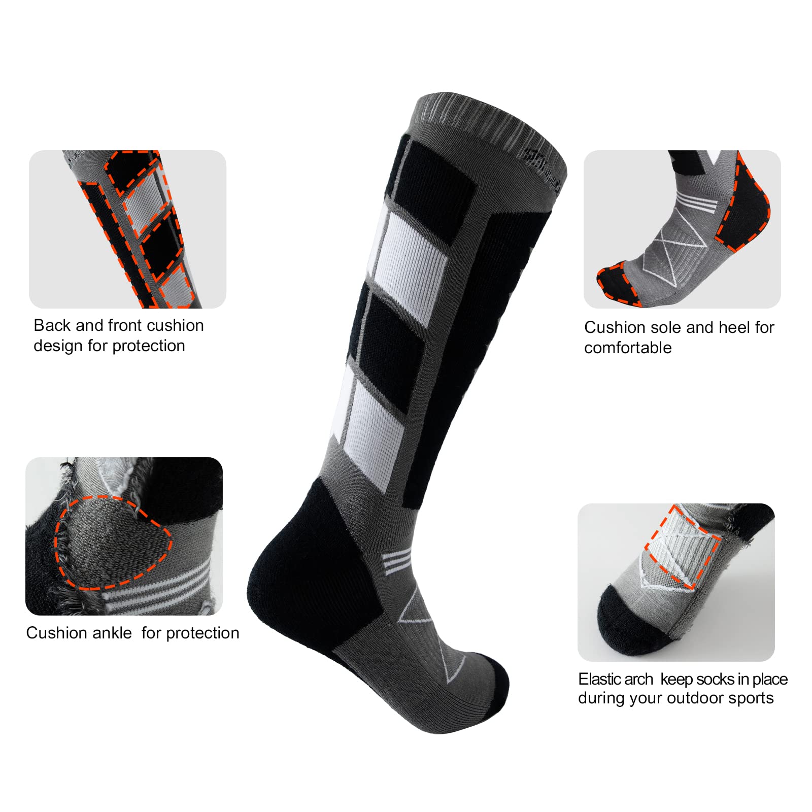 Bulinlulu Merino Wool Ski Socks 2 Pairs Pack for Skiing