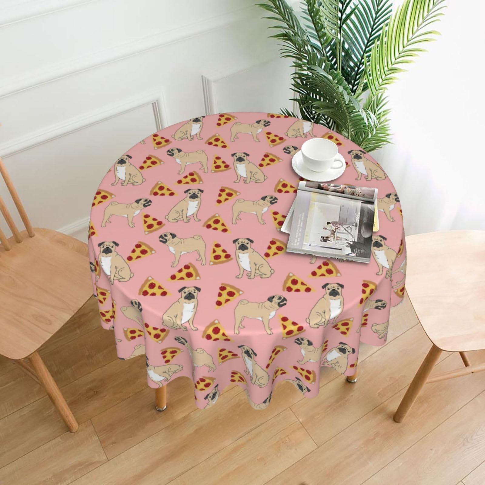 Zcmkjlg Pug Pizza Pink Print Quick Ship Round Tablecloth 60in Polyester Washable Cover for Dining Room