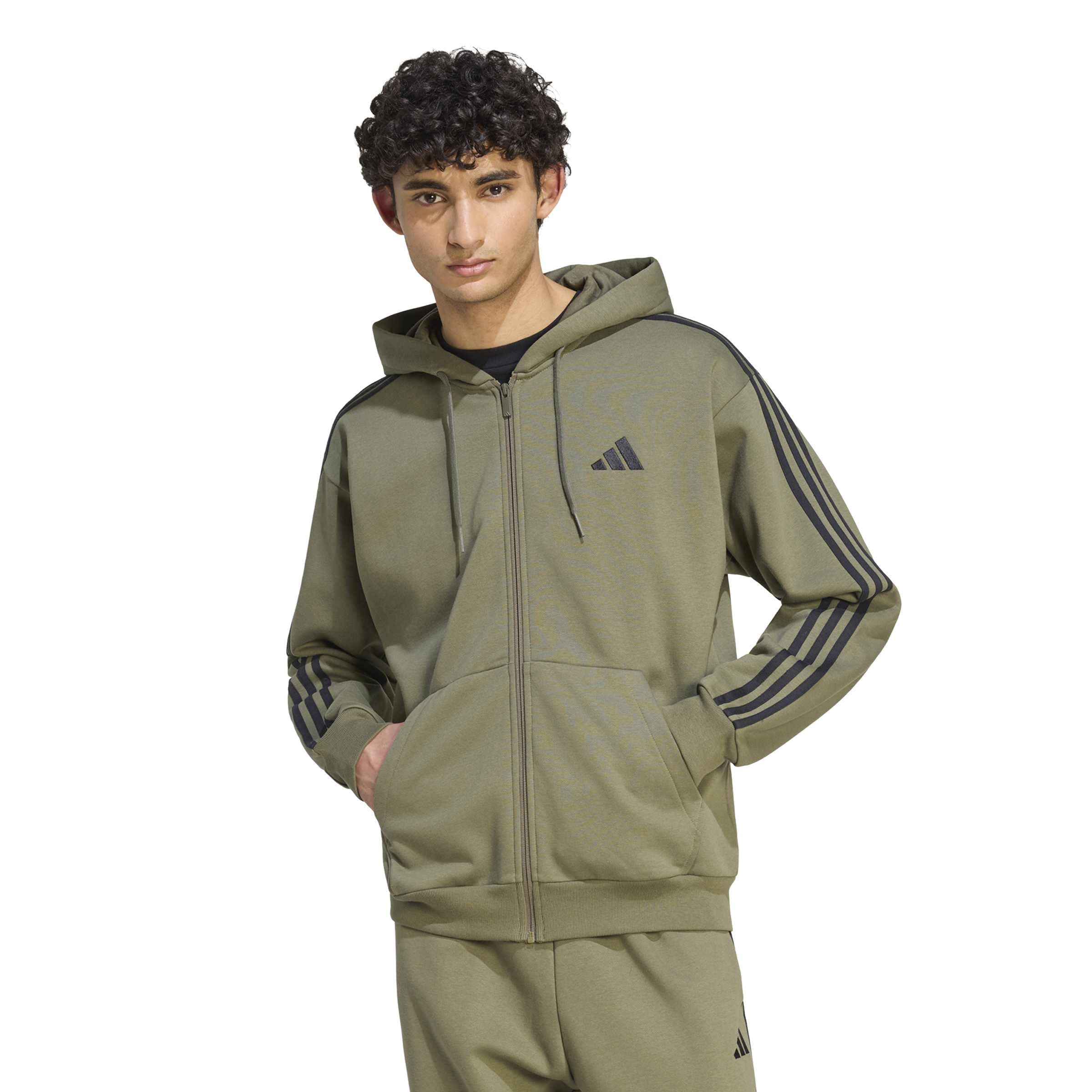 adidas Mezczyzni Essentials 3-Stripes Fleece Full-Zip Hoodie Sweatshirt, Olive Four/black, M