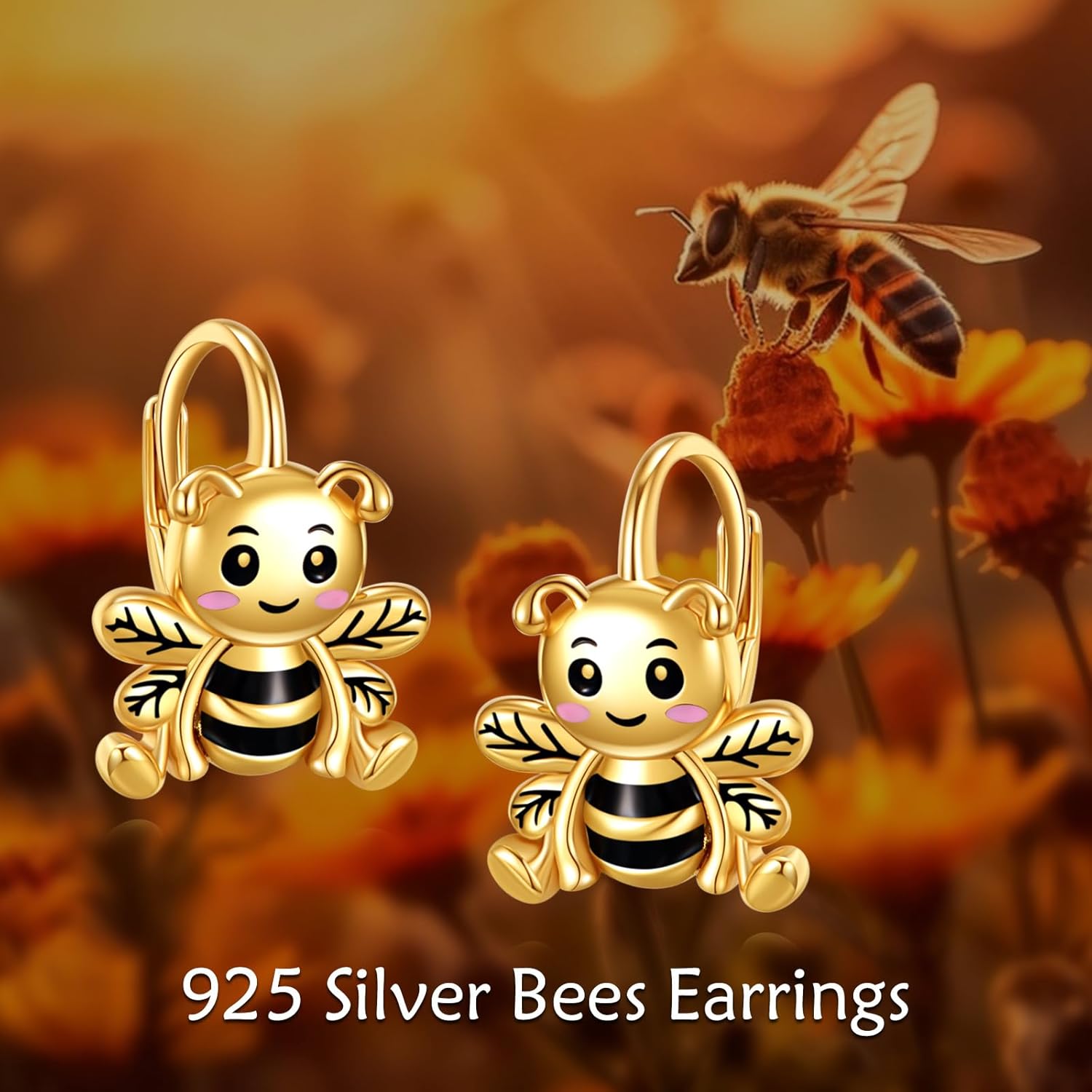Bee Earrings for Women 925 Sterling Silver Bumble Bee Jewelry Gold-Plated Leverback Earrings For Women - Image 2