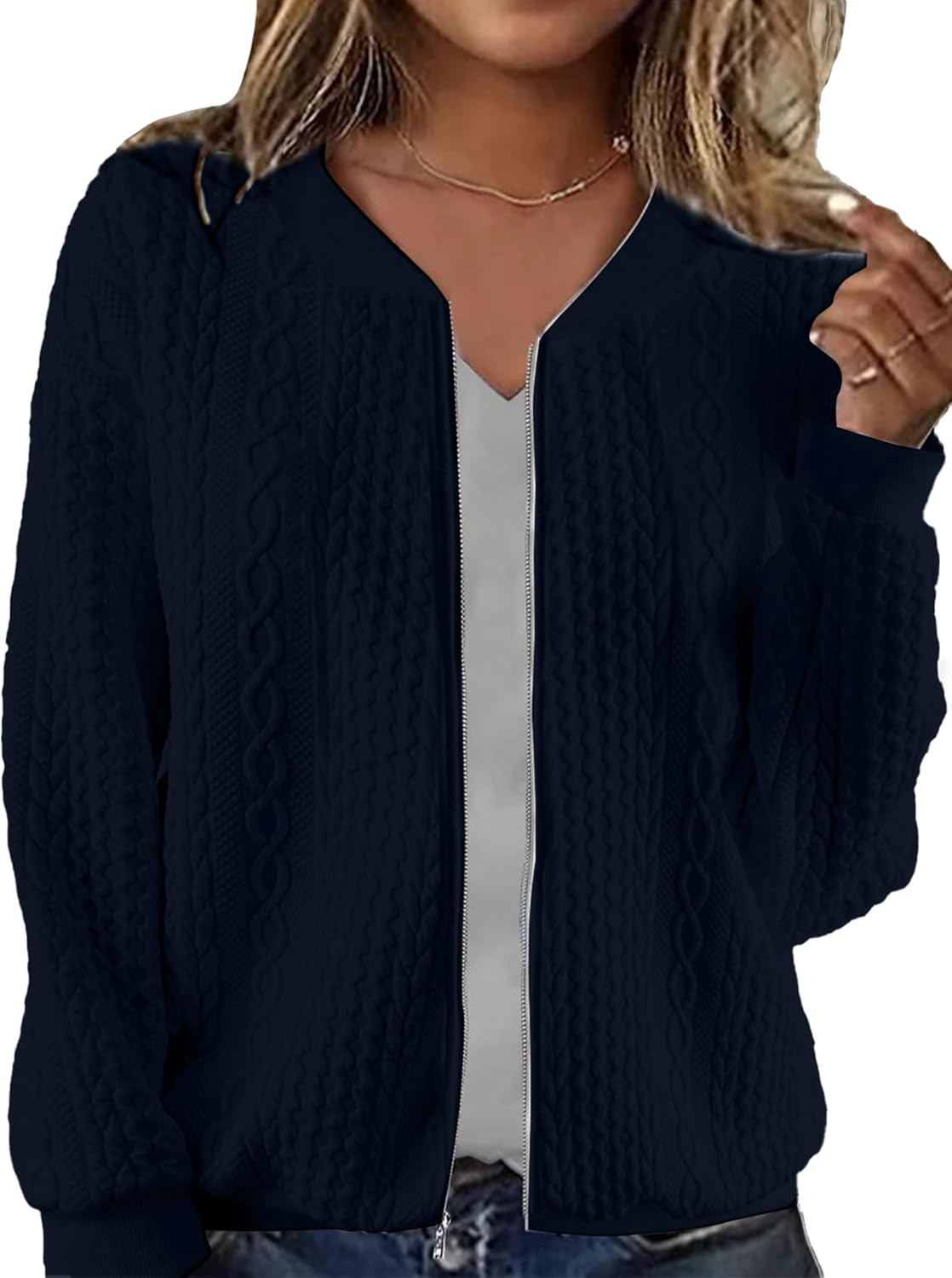 Women's Zip Up Cardigan Sweater Cable Hoodies Long Sleeve Jacket Outfits Crewneck Casual Coat