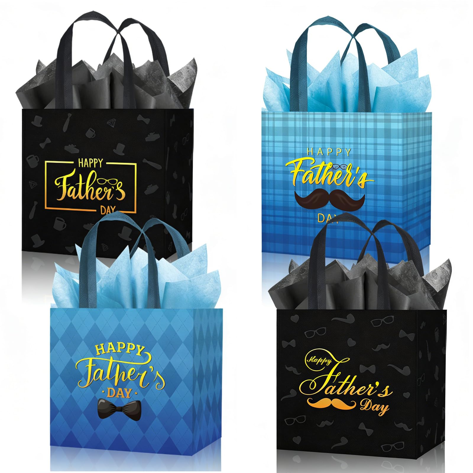4pcs Fathers Day Gift Bags with Tissue Paper, Small Gift Bag for Men Presents Reusable Blue Black Non-woven Bags with Handles, Happy Fathers Day Present Bag, 20.3 * 20.3 * 15.2cm/ 8 * 8 * 6inch