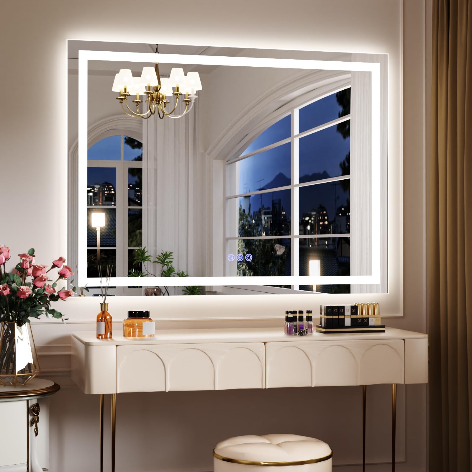 Koonmi 120x90 cm Miroir de Salle de Bain LED - 3 Modes d'éclairage réglables, Miroir de Salle de Bain Intelligent avec éclairage Avant et arrière, Fonction mémoire, Montage Mural Horizontal et
