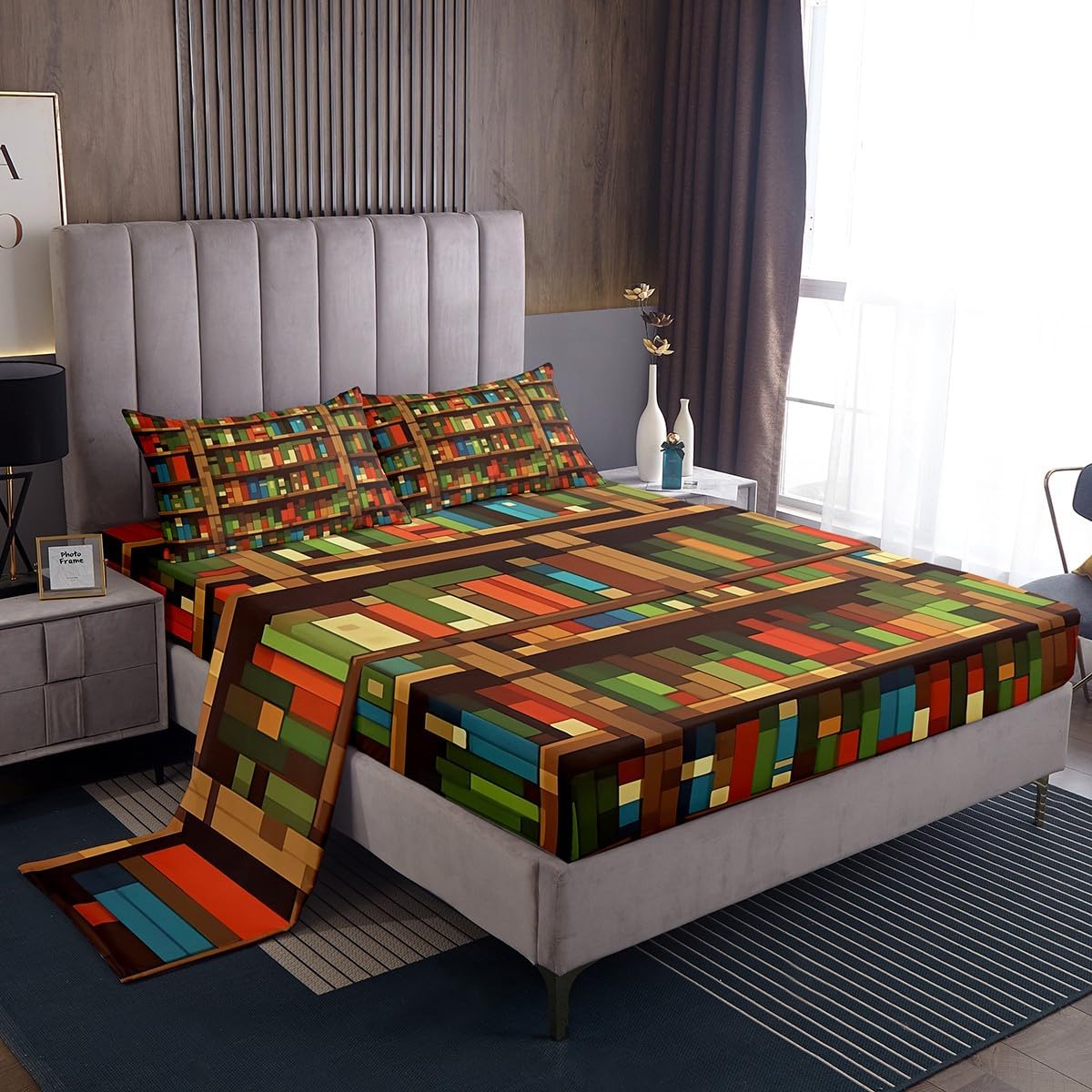Homewish Pixelated Bookcase Bed Sheets Full Size,Bookshelf Building Block Gaming Easy Wash Bedding Set,Video Games Gamepad Boys Girls Room Decor,Brown Sheet(Fitted+Flat+2 Pillowcases) image 3