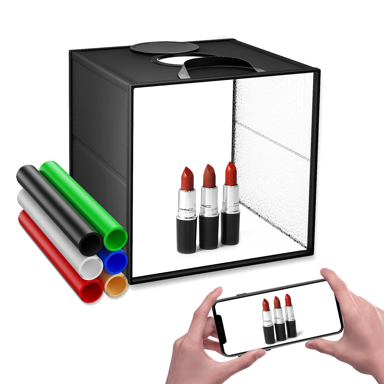 Light Box Fotografica Pieghevole 30x30x30 cm– Studio Luce Portatile con 120 LED, 6 Sfondi, Luminosità e Temperatura Colore Regolabili per Foto Prodotto