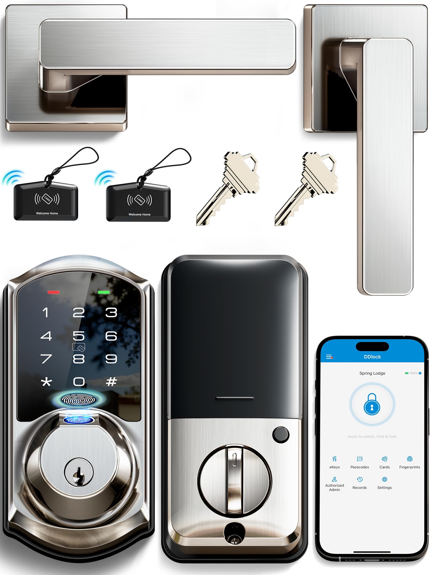 Veise VE07-L Fingerprint App Control Smart Locks with Heavy-Duty Zinc Alloy Handles, Keyless Entry for Front Door, Digital Electronic Touchscreen, Auto Lock, Waterproof, Easy Install, Satin Nickel