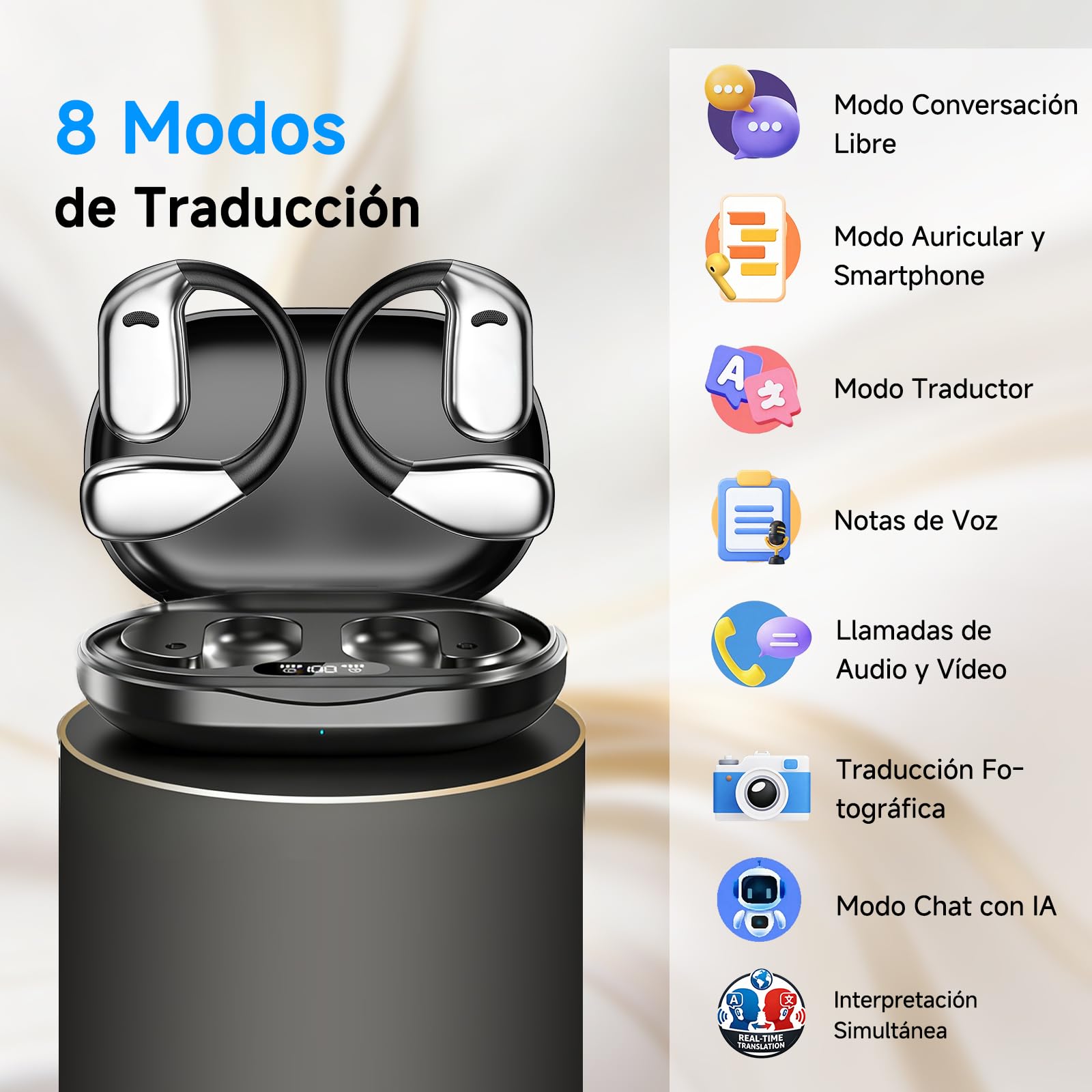 Auriculares traductores con IA en Tiempo Real: Dispositivo de traducción 3 en 1 con 144 Idiomas, traductor español-inglés, Auriculares traductores de oído Abierto para Viajes y Aprendizaje