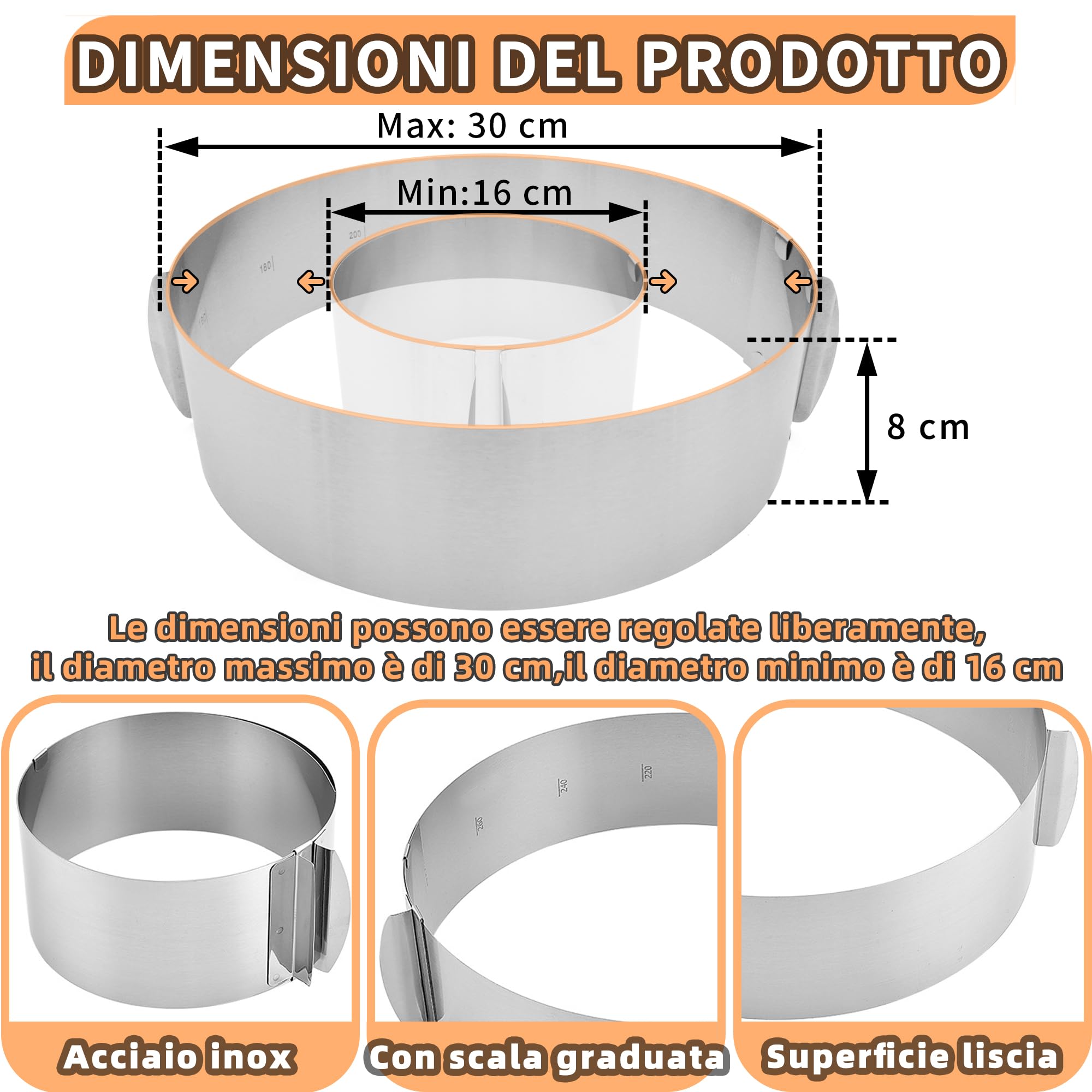 Anello Per Torta Regolabile In Acciaio Inox: Diametro 16-30 Cm, Altezza 20 Cm, Con 2 Clip Di Fissaggio E Scala Incisa - Per Stratificare E Decorare Torte