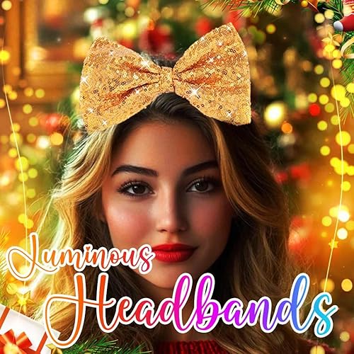 Miniatura 6 de Catery Diadema de lazo de Navidad lazo de lentejuelas para el cabello bonita banda de Navidad para fiestas de Navidad accesorio para mujeres y niños
