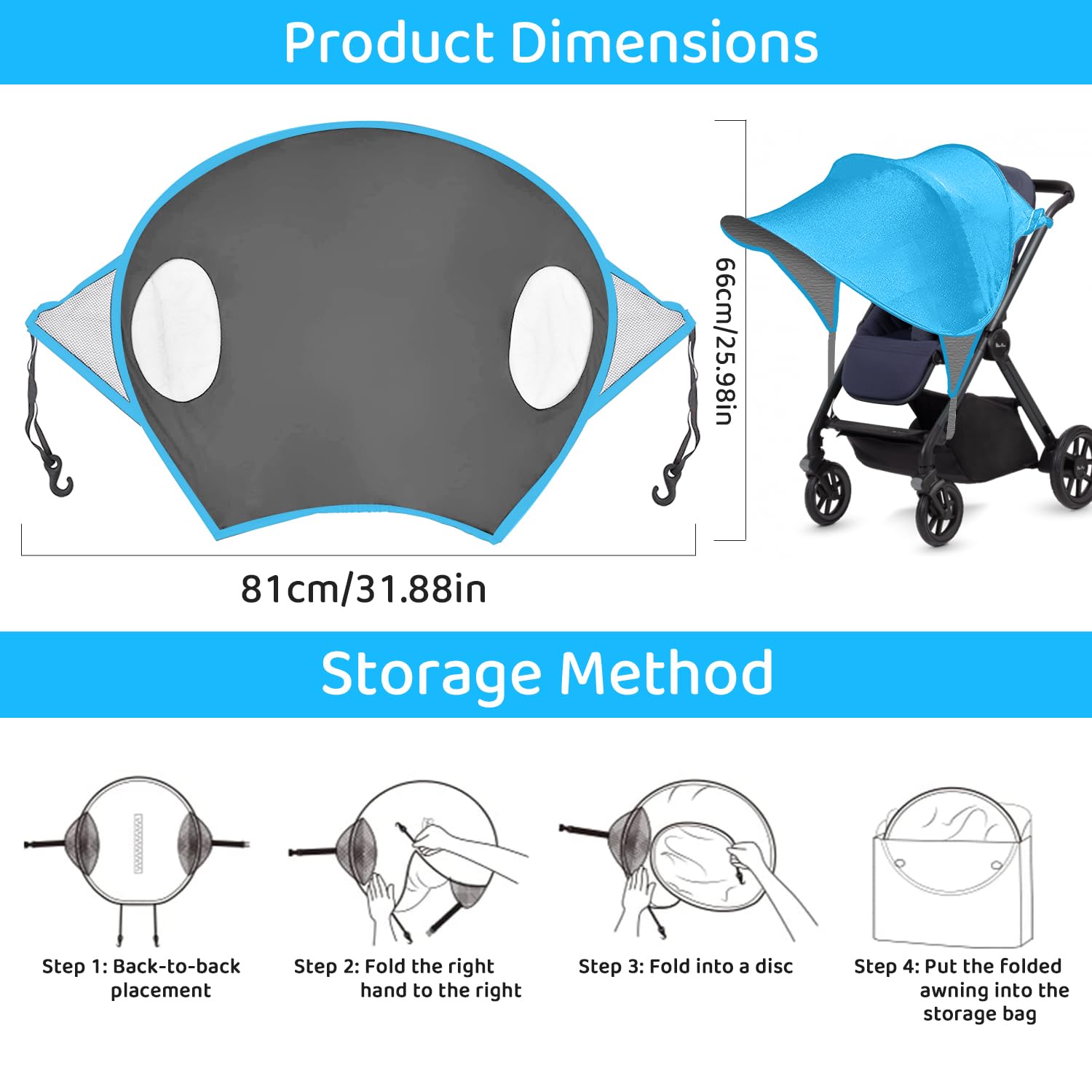 Pram Sun Shade Cover,UPF50+ Universal Baby Sunshade,Foldable Baby Stroller Sun Shade Pushchair Awning,Breathable Pram Sun Shade,Stroller Sun Shade Canopy for Pushchair,Buggy,Stroller (Blue) - Image 2