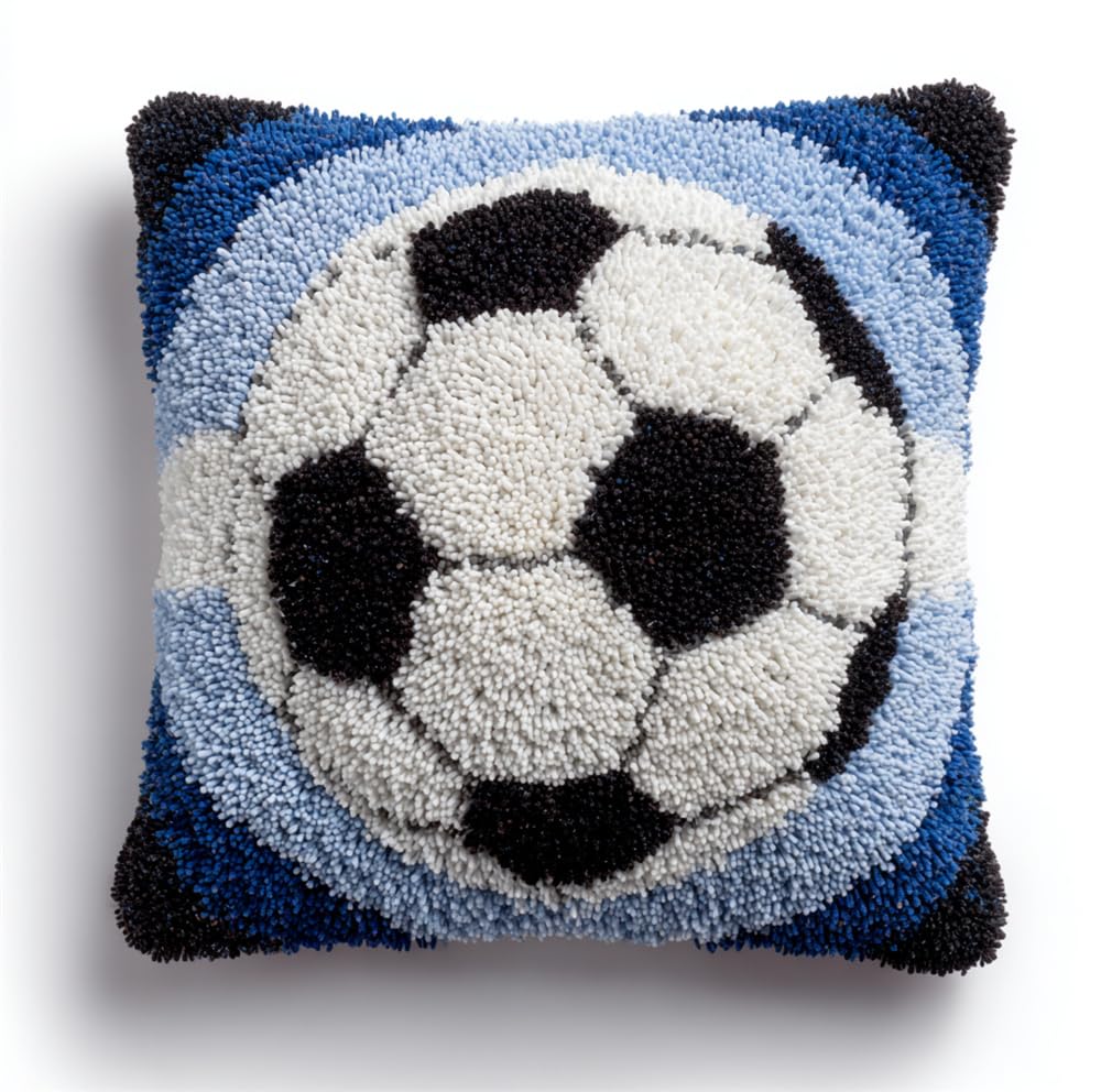 Rqwybcaxn Latch Hook Cushion Kit -Football Soccer 17X17Inch, DIY Needlework Pillow Cover Cushion Rug Making Kit for Adults