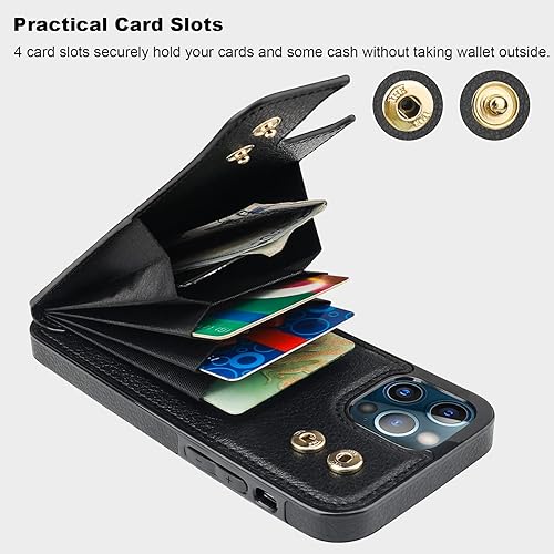 Miniatura 4 de Folosu Funda compatible con iPhone 1212 Pro con tarjeterotarjetero, rotación de 360, soporte de anillo de dedo con función atril, bloqueo RFID, piel