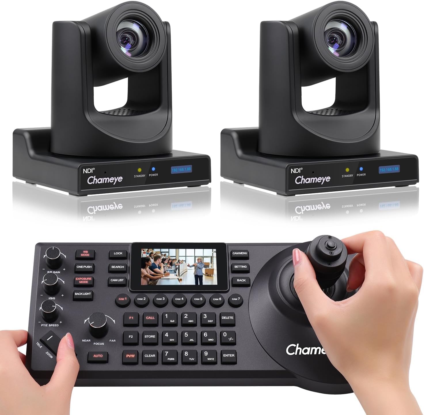 Chameye NDI HX3 PTZ Kamera Set 20x Optischer Zoom KI-Auto-Tracking 3G-SDI HDMI USB3.0, mit 2 Stück 20x Zoom NDI Kamera + PTZ Controller, NDI6 & NDI HX3 Zertifiziert, C720Nx2+E300